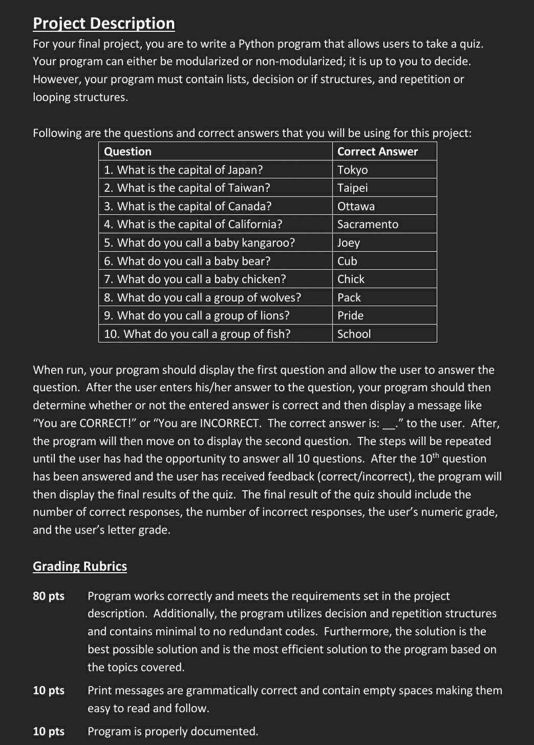 Computer Science 6 Project Description For your