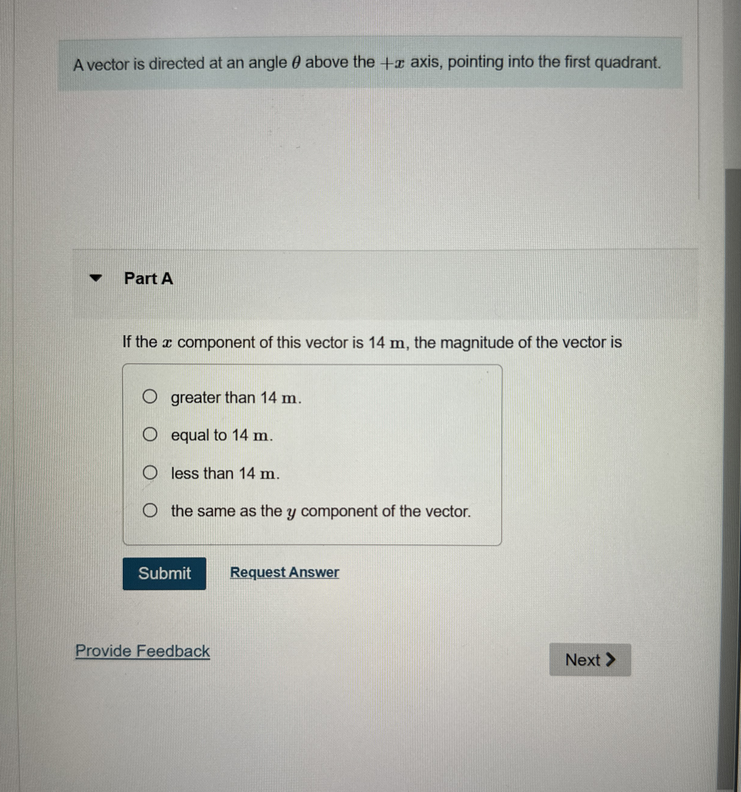 A vector is directed at an angle above the + x