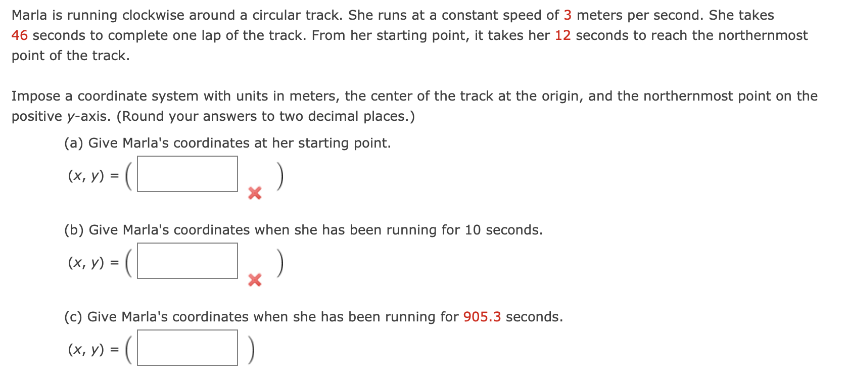 Marla is running clockwise around a circular