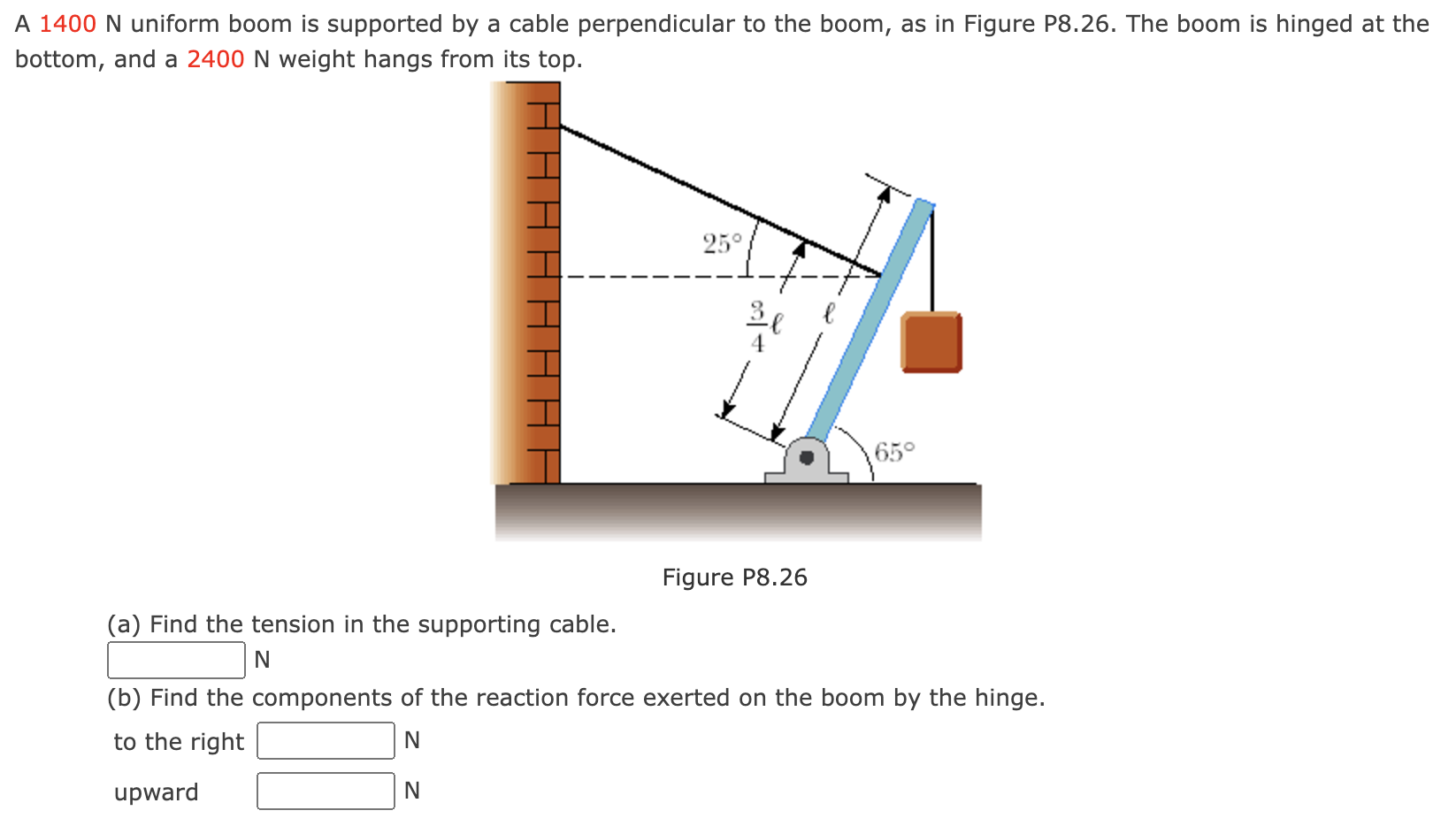 A 1 4 0 0 N uniform boom is supported by a cable