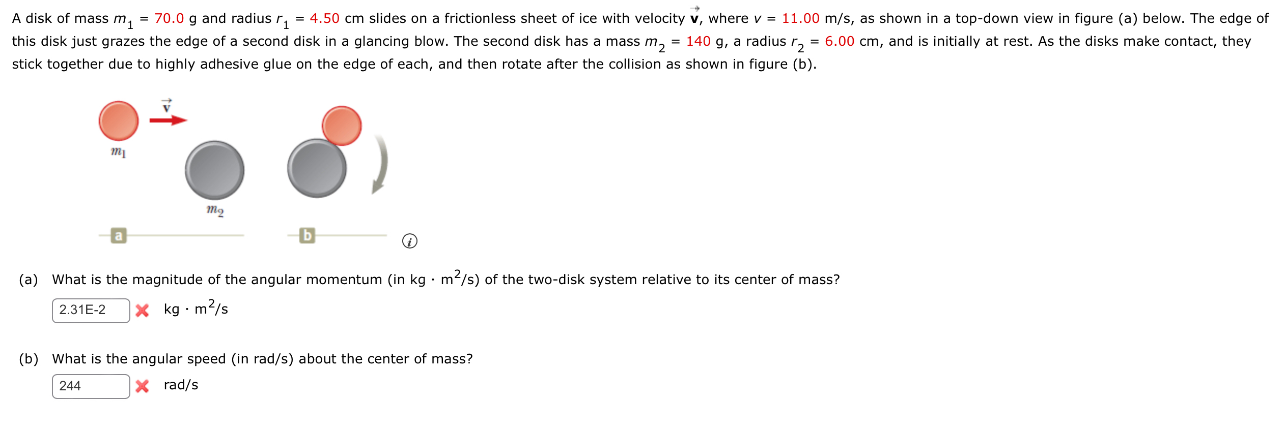 A disk of mass m 1 = 7 0 . 0 g and radius r 1 = 4