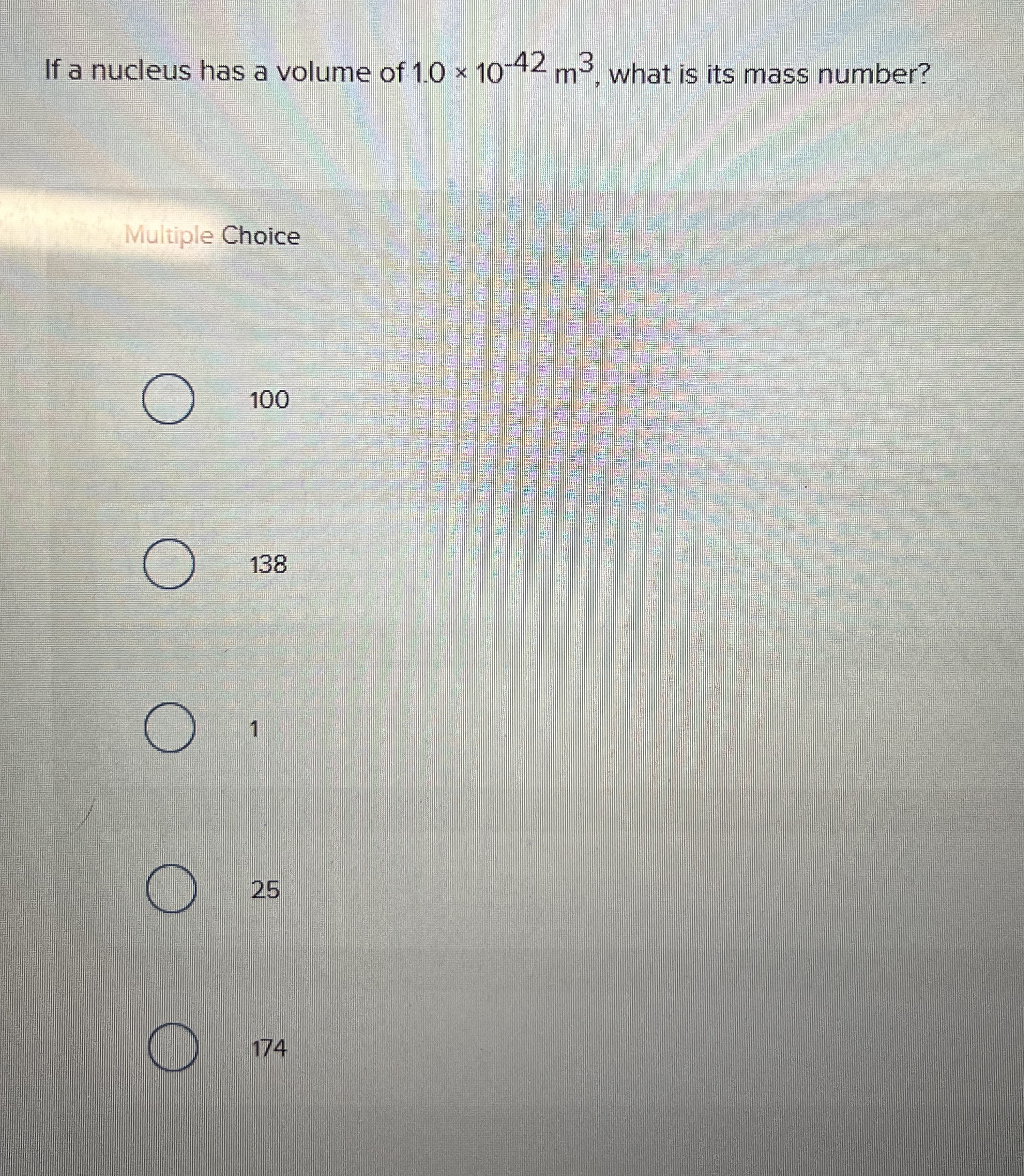 If a nucleus has a volume of 1 . 0 1 0 - 4 2 m 3