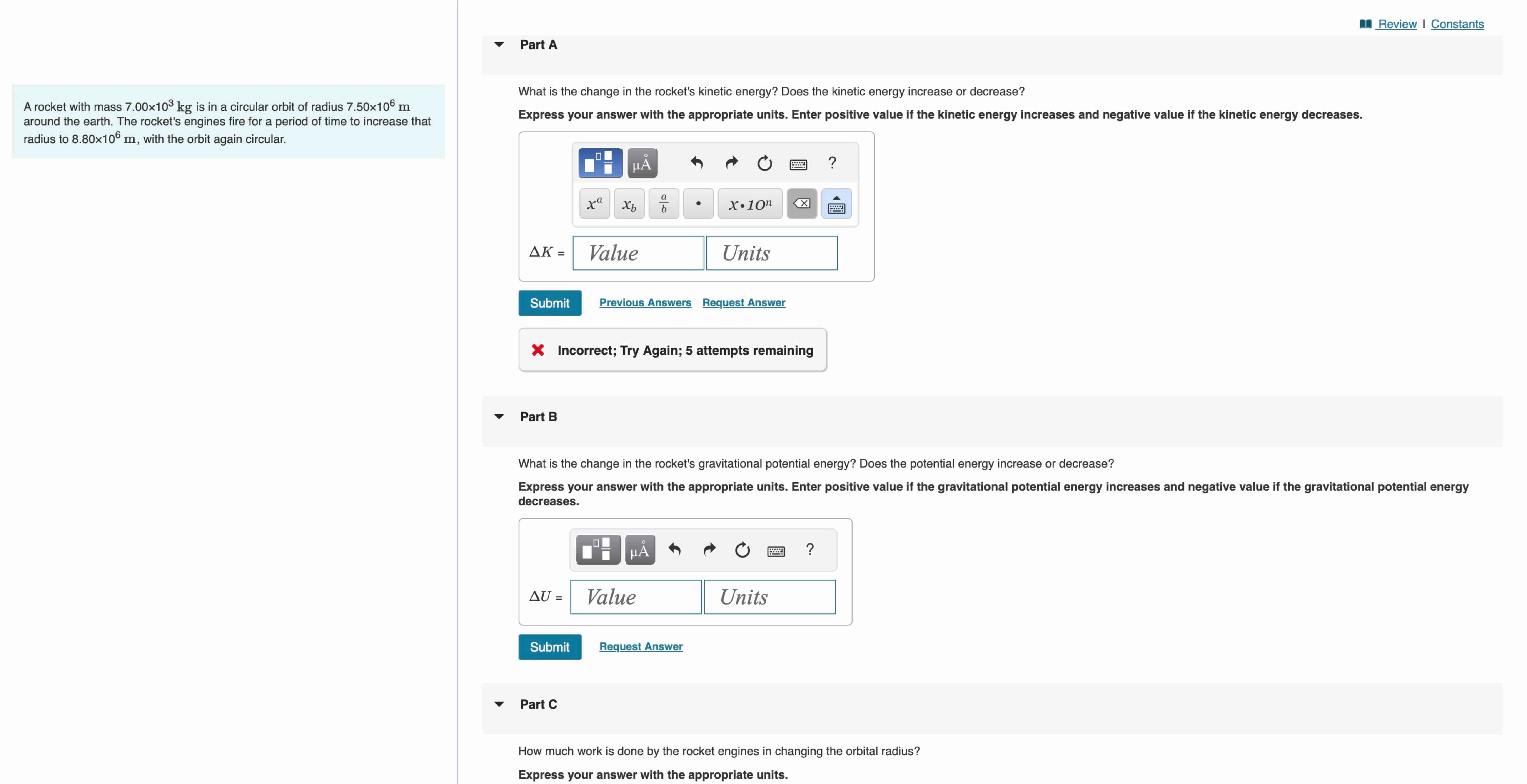 Part A A rocket with mass \ ( 7 . 0 0 \ times 1 0
