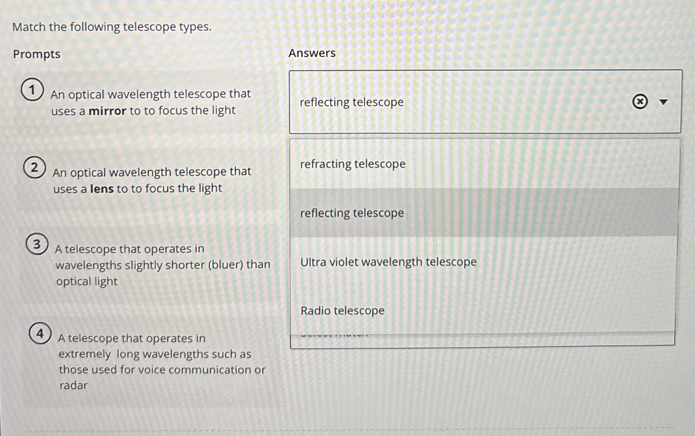 Match the following telescope types. Prompts An