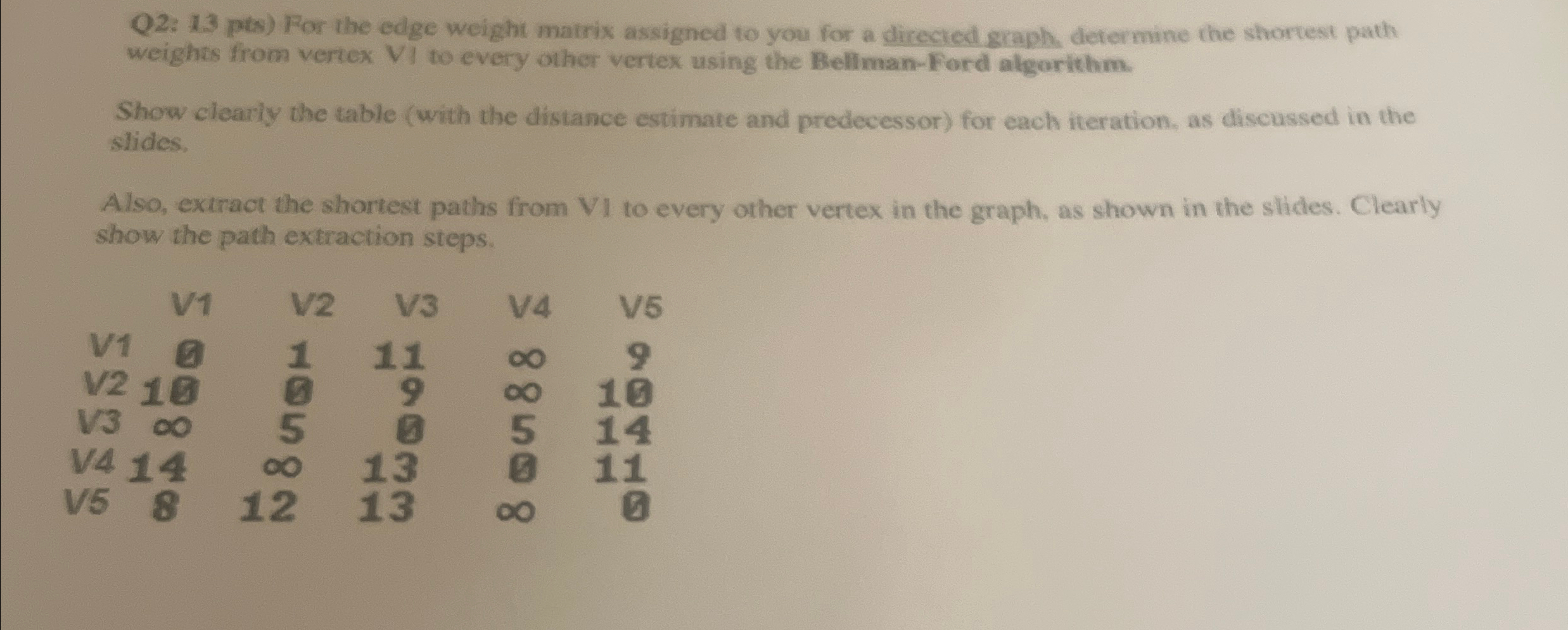 Q 2 : 1 3 pts ) For the edge weight matrix