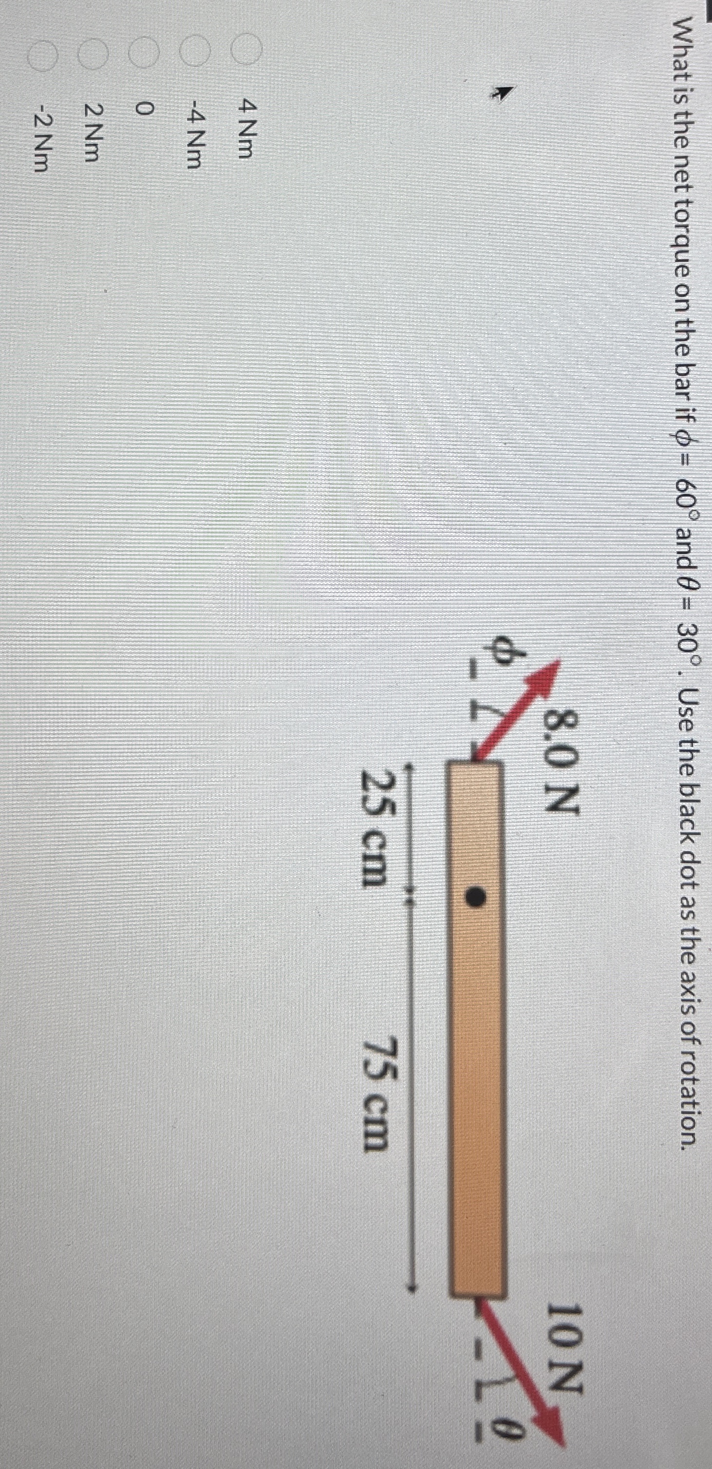What is the net torque on the bar if = 6 0 and =