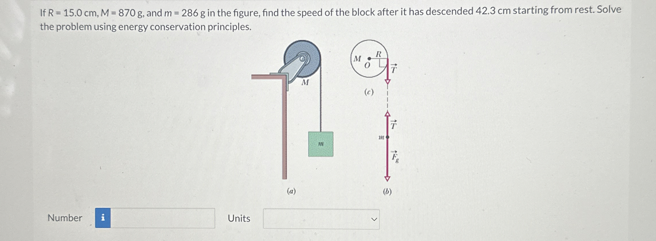 If R = 1 5 . 0 c m , M = 8 7 0 g , and m = 2 8 6