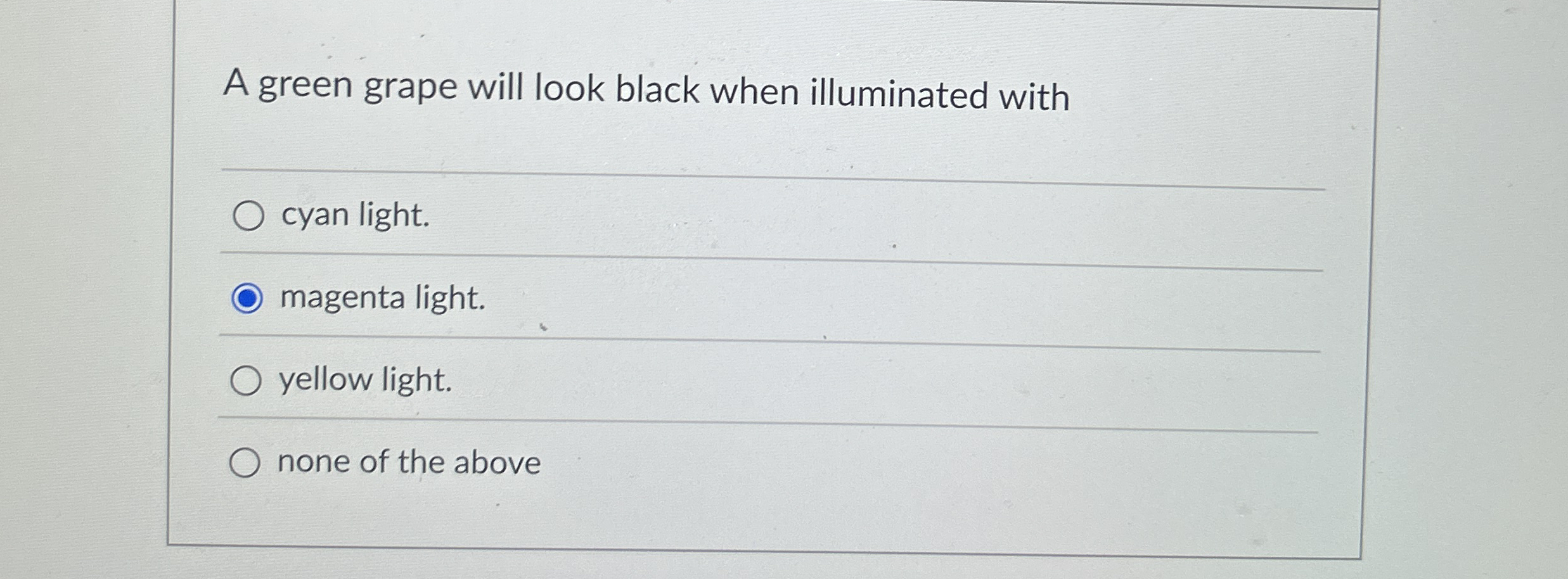 A green grape will look black when illuminated