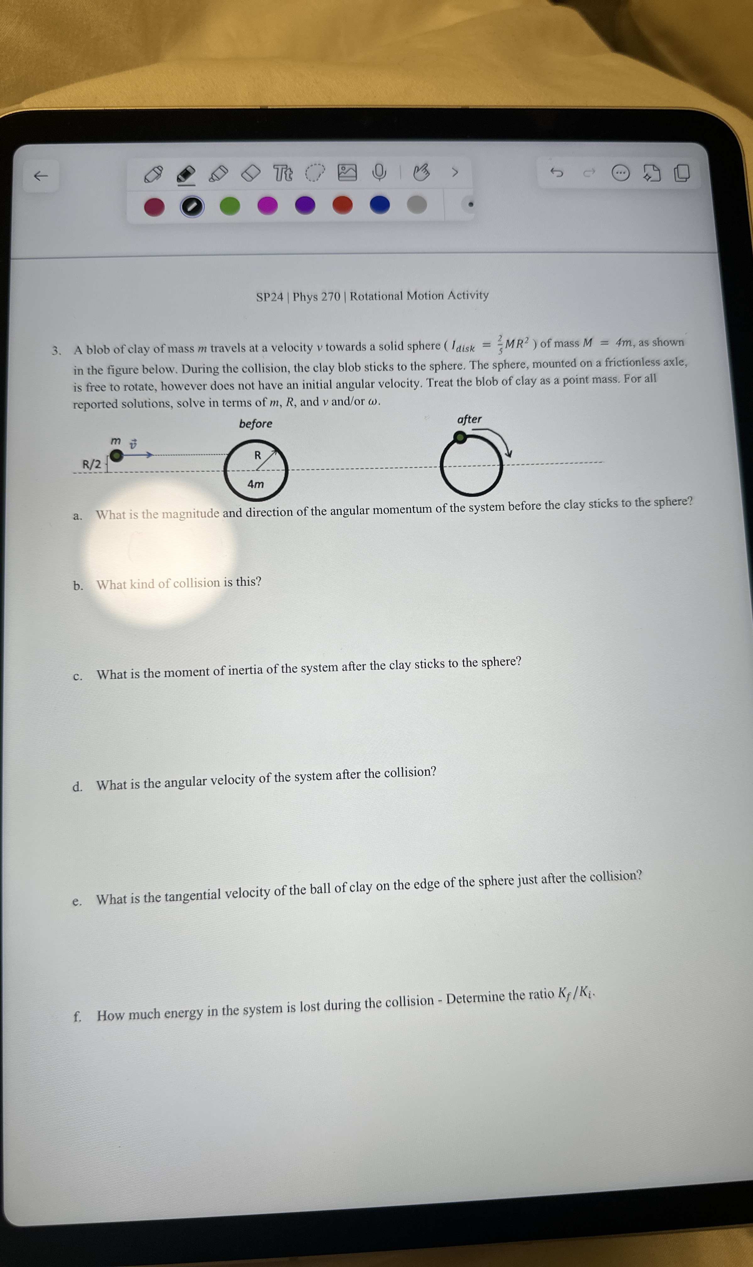 3 . A blob of clay of mass m travels at a