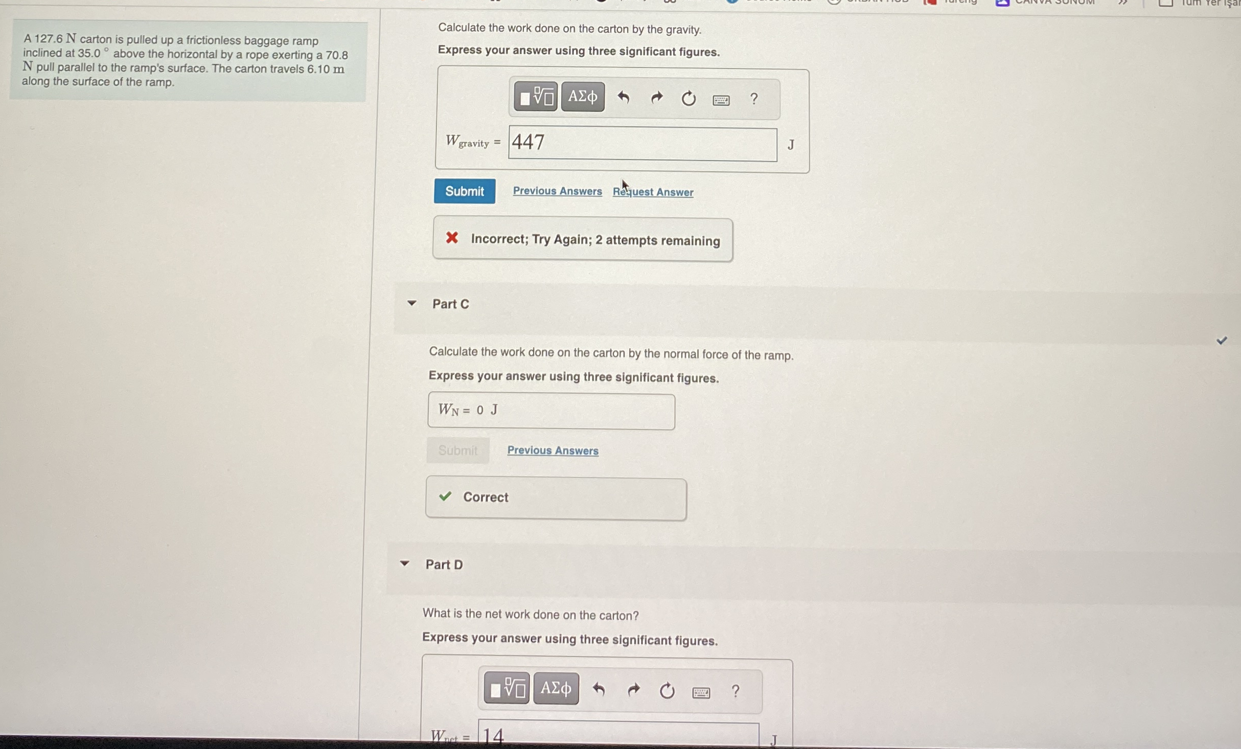 A 1 2 7 . 6 N carton is pulled up a frictionless