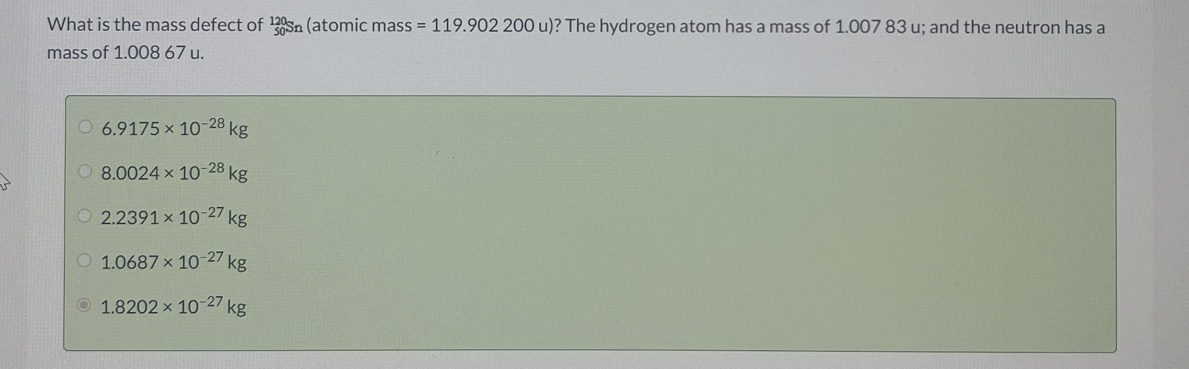 What is the mass defect of 1 2 0 5 0 s n ( atomic