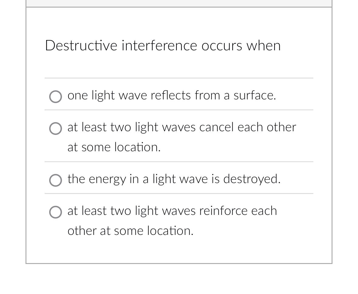 Destructive interference occurs when one light