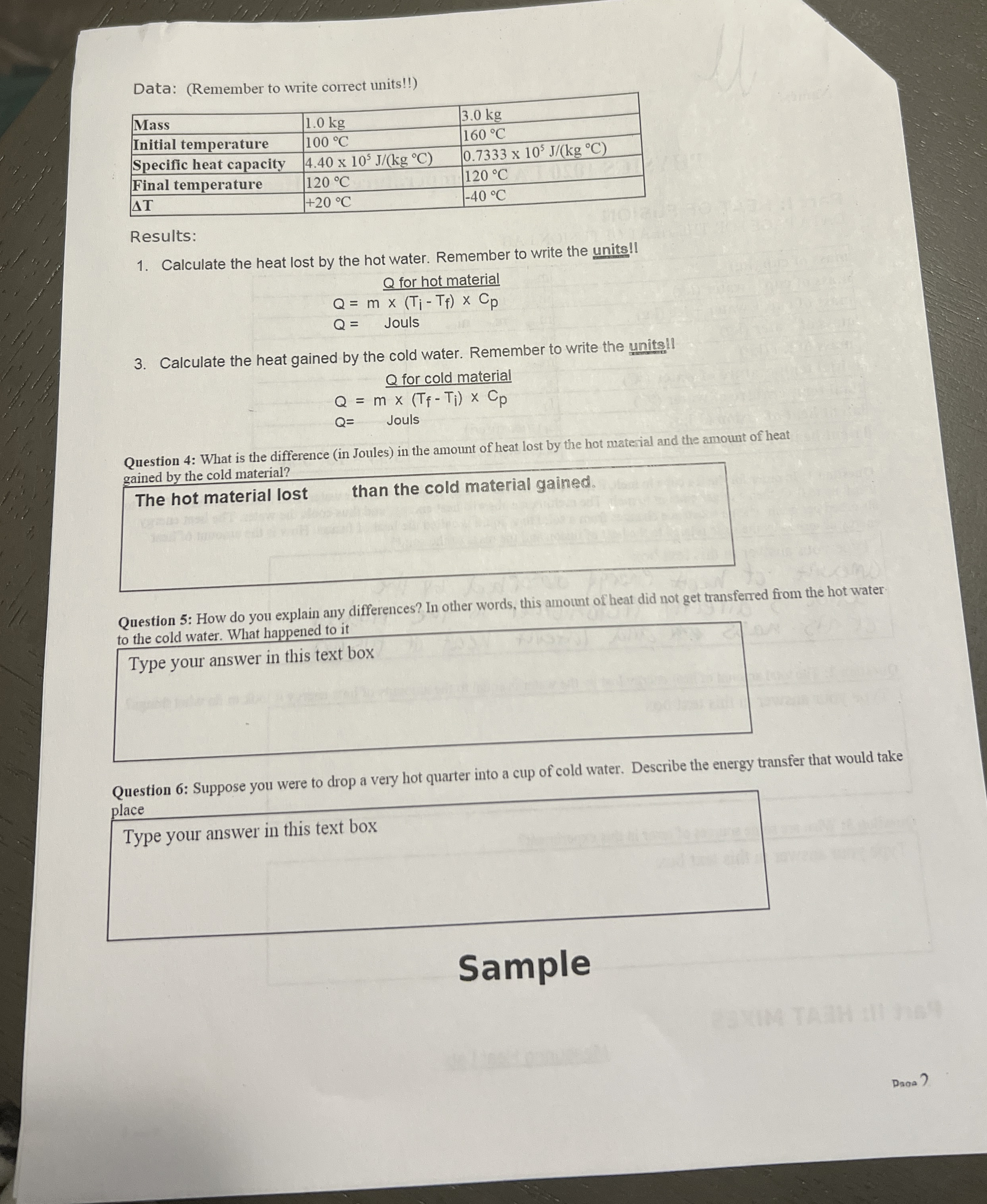 Data: ( Remember to write correct units!! ) \