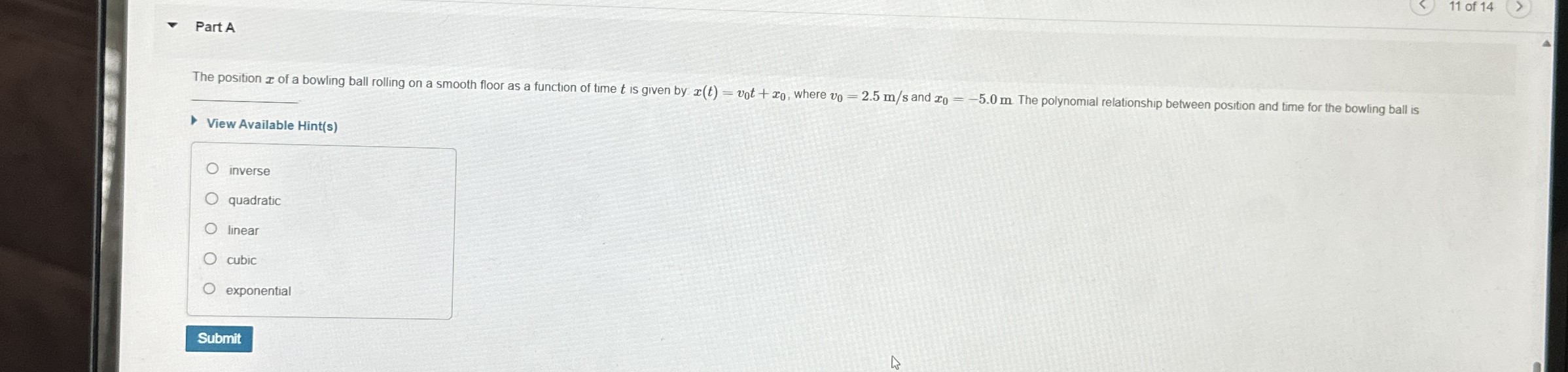 Part A 1 1 of 1 4 The position x of a bowling