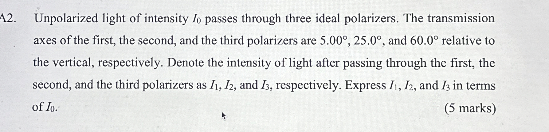 A 2 . Unpolarized light of intensity I 0 passes