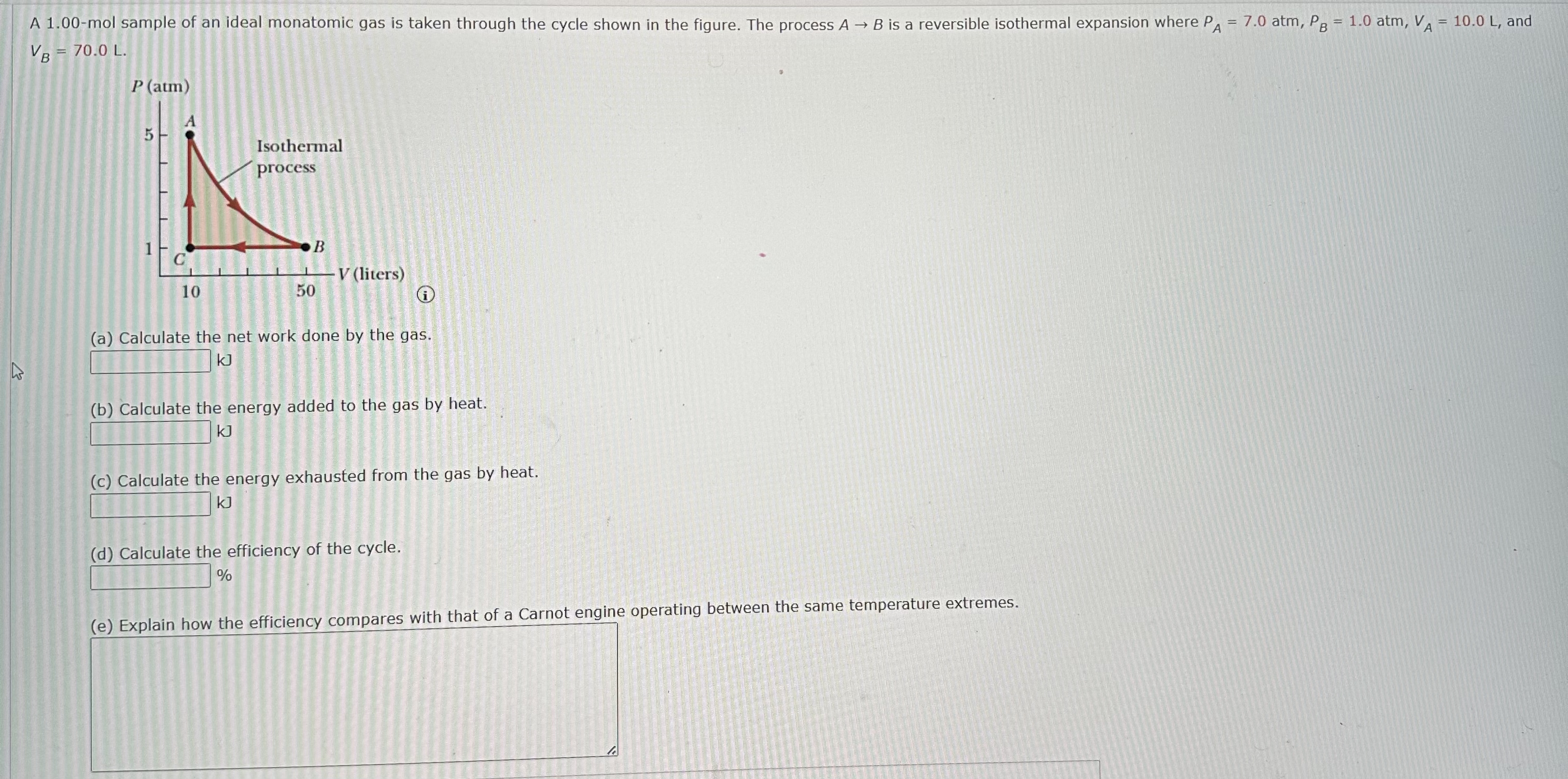 A 1 . 0 0 - mol sample of an ideal monatomic gas
