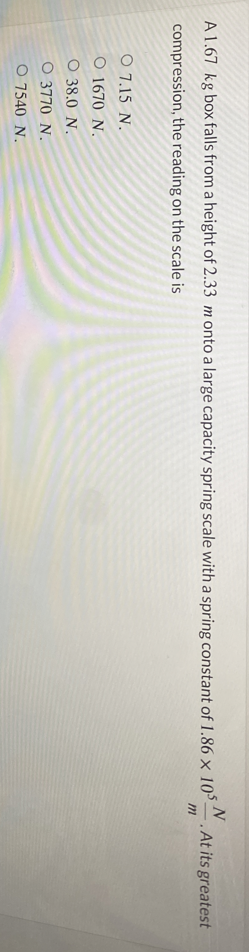 A 1 . 6 7 kg box falls from a height of 2 . 3 3 m