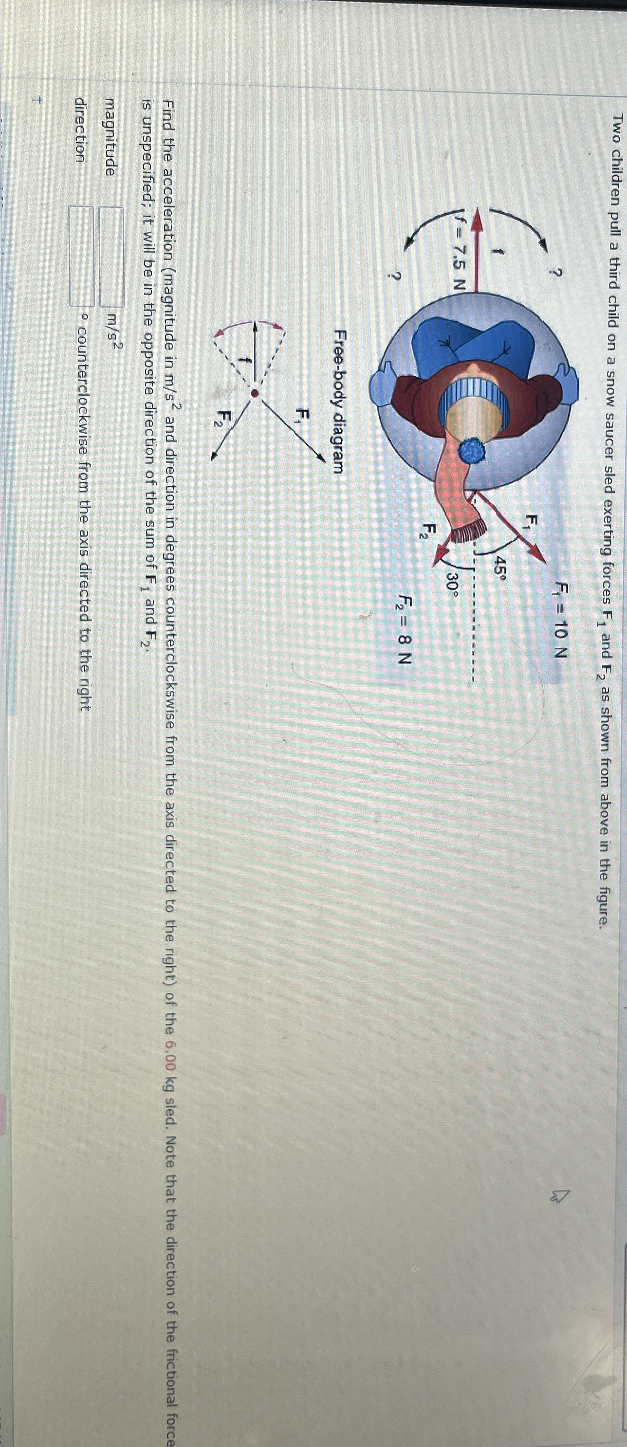 Two children pull a third child on a snow saucer