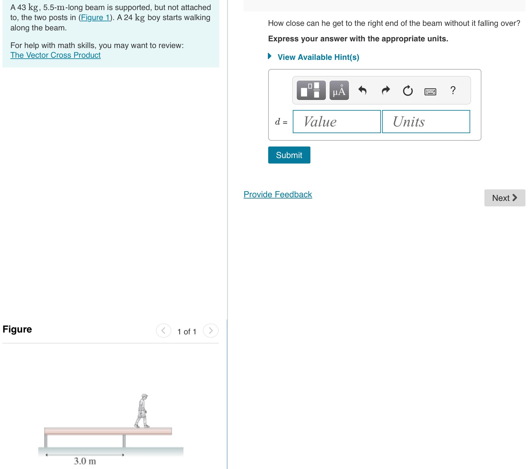 A 4 3 k g , 5 . 5 - m - long beam is supported,