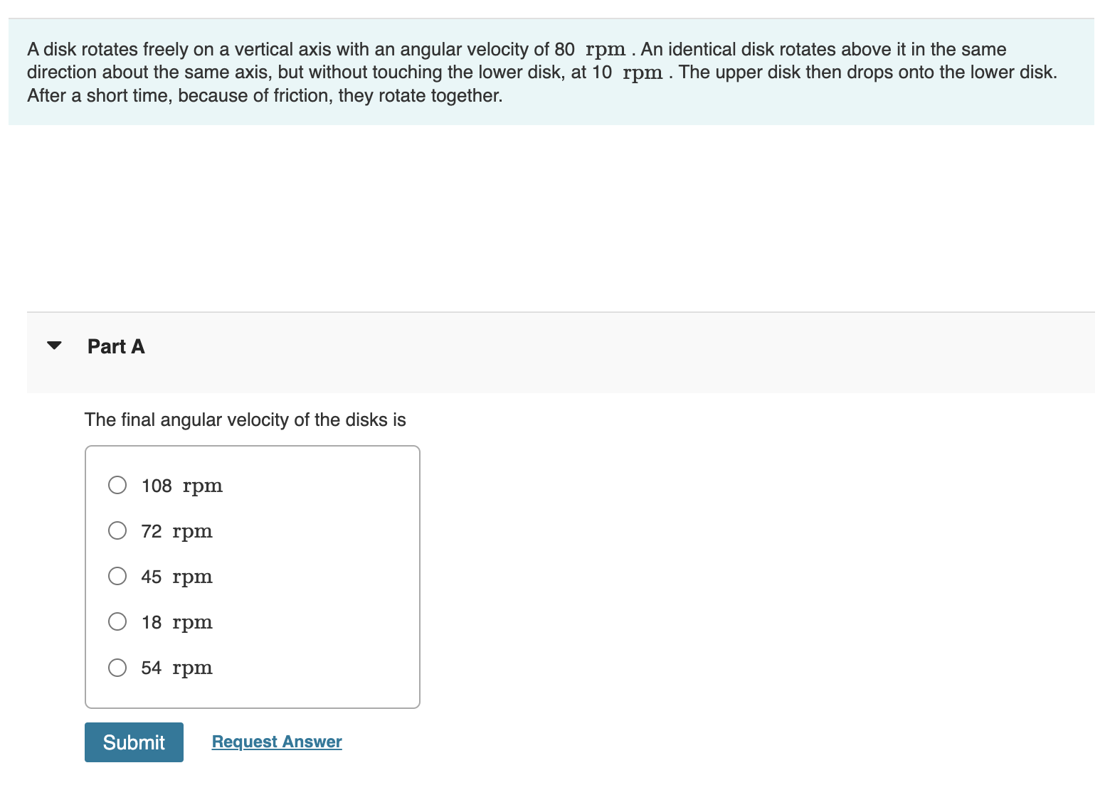 A disk rotates freely on a vertical axis with an