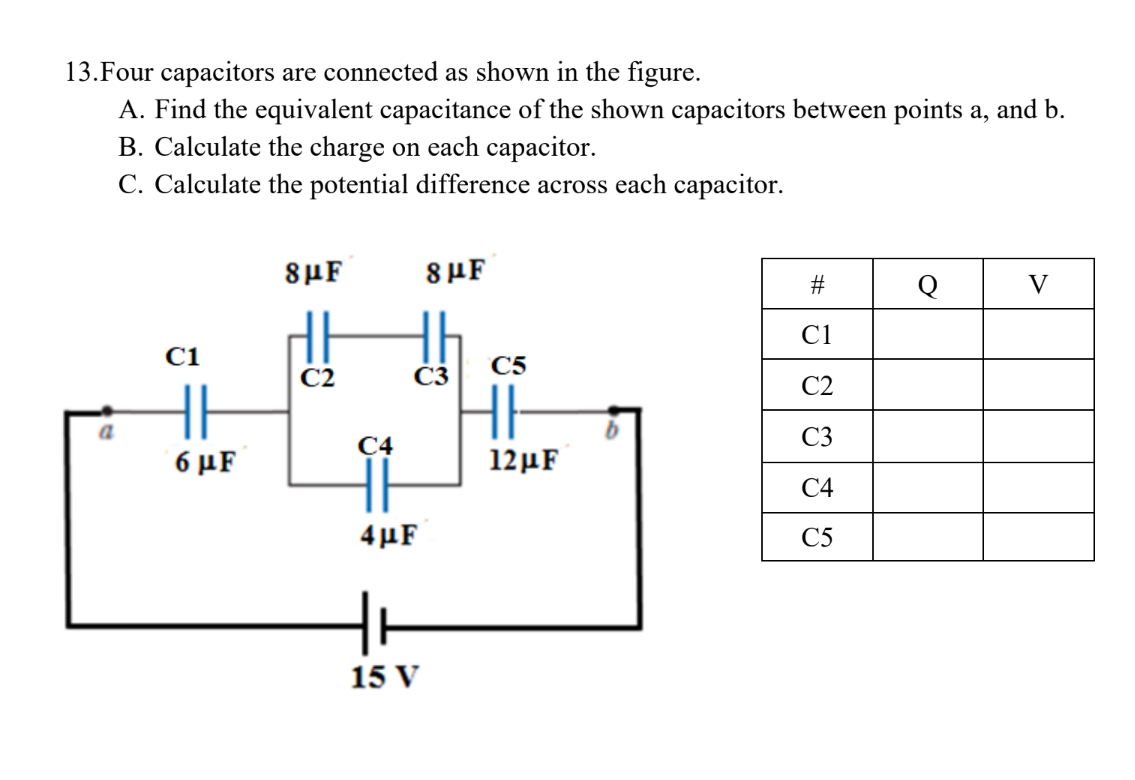 1 3 . Four capacitors are connected as shown in