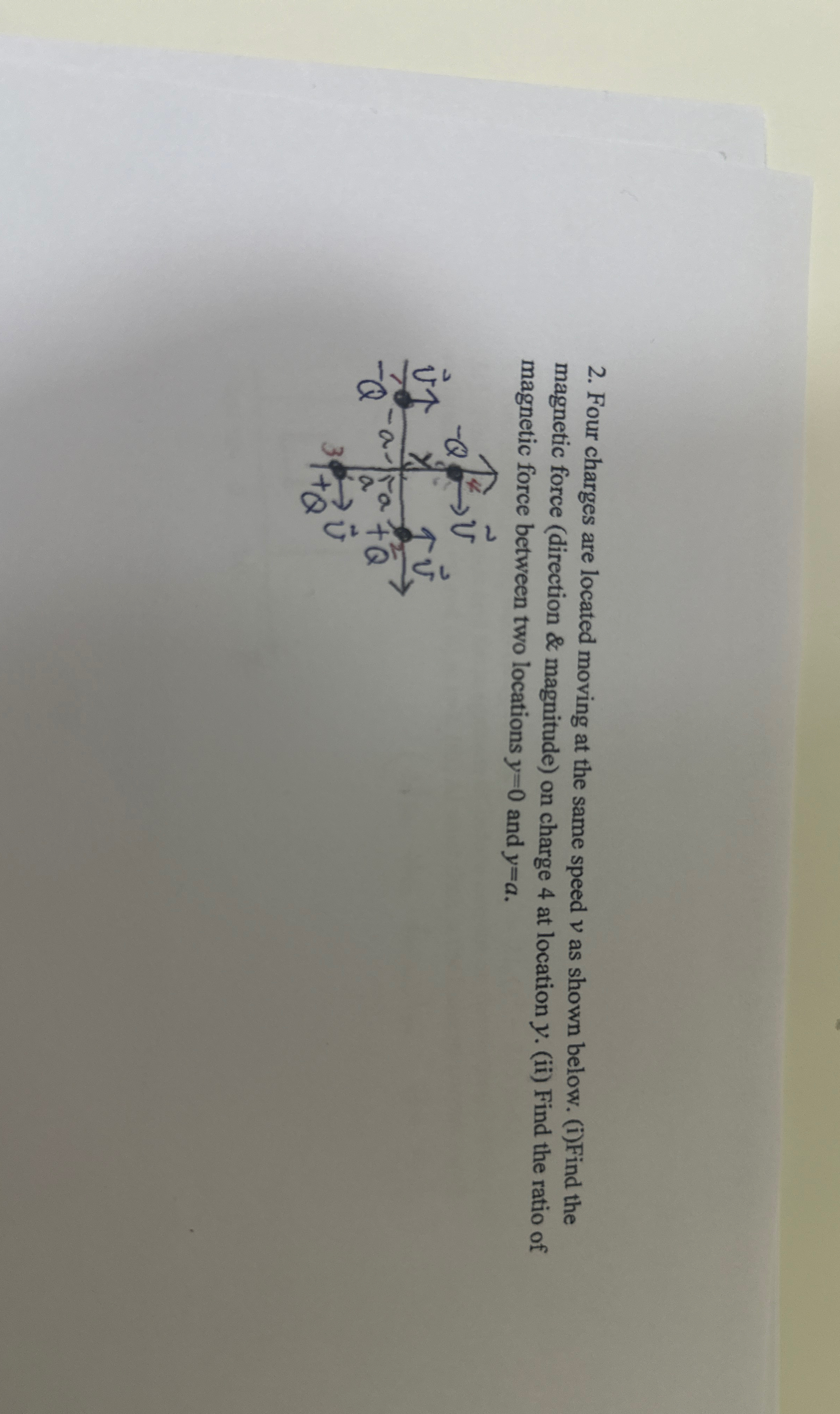 Four charges are located moving at the same speed