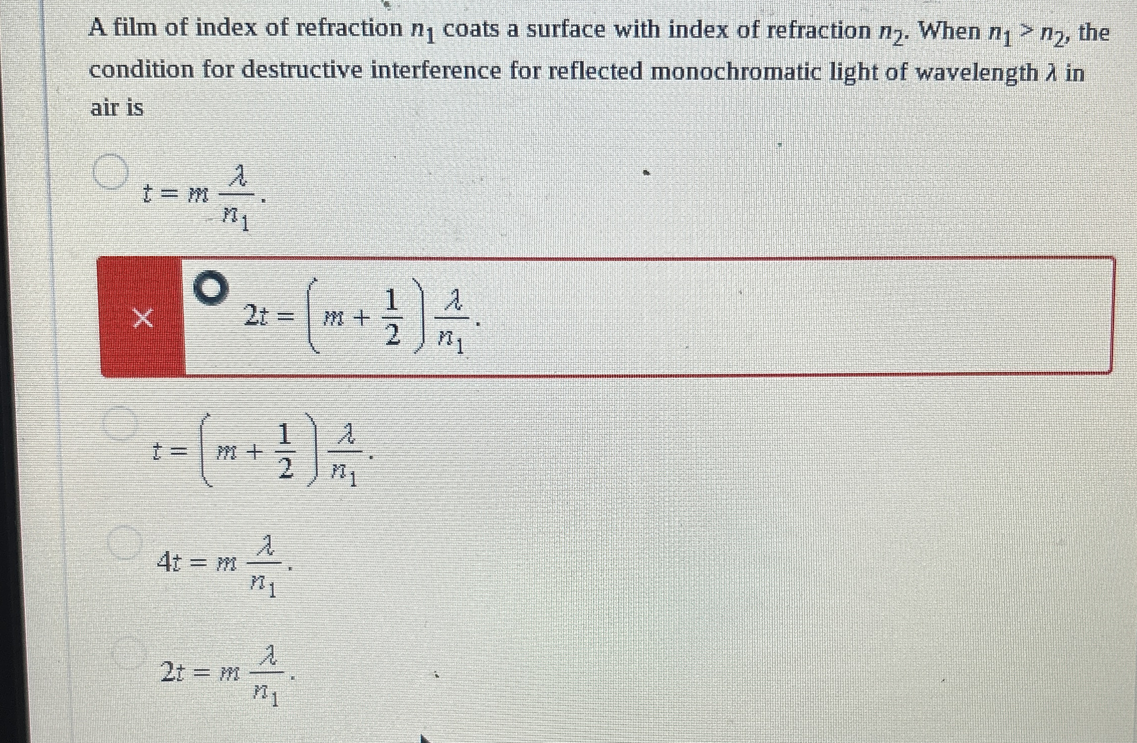 A film of index of refraction n 1 coats a surface