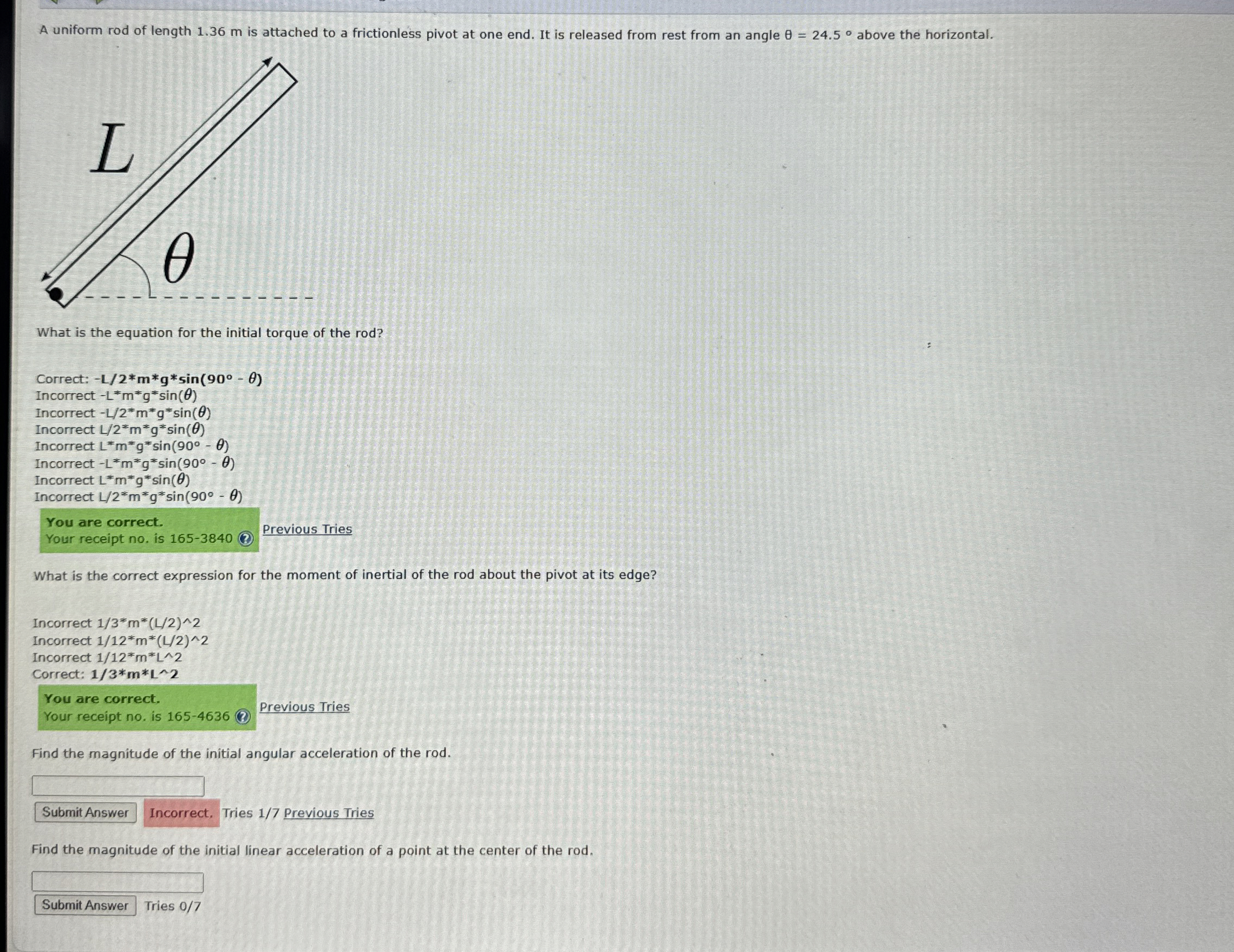 A uniform rod of length 1 . 3 6 m is attached to