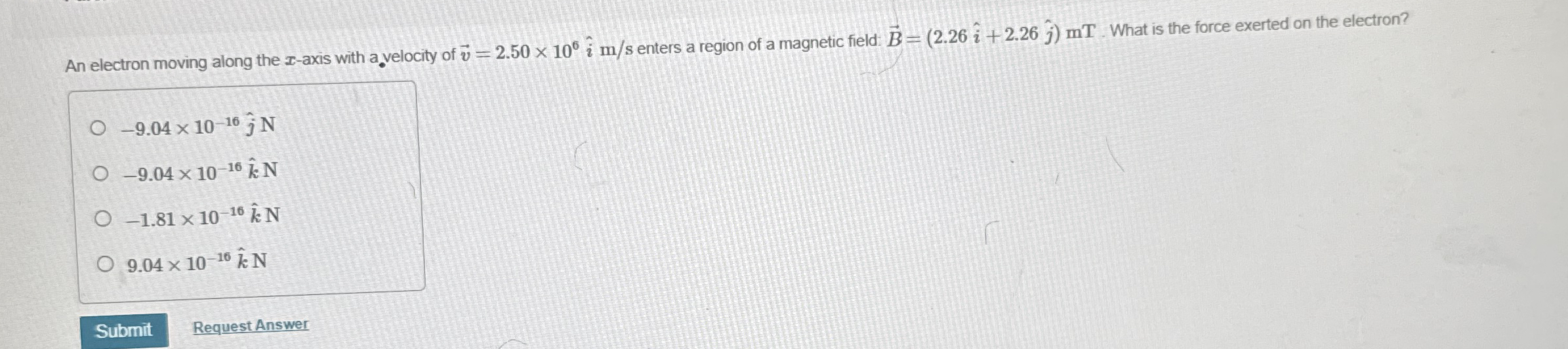 An electron moving along the x - axis with a