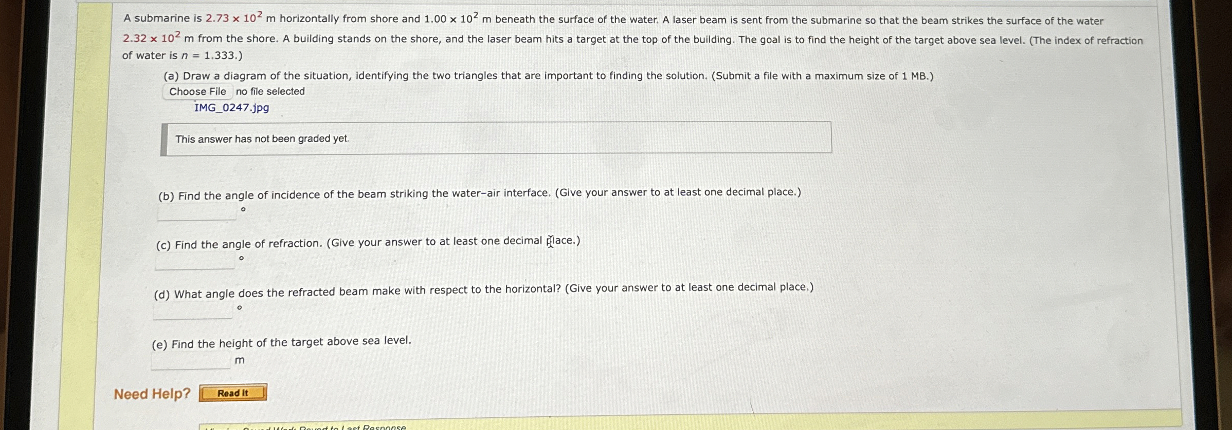 A submarine is 2 . 7 3 1 0 2 m horizontally from