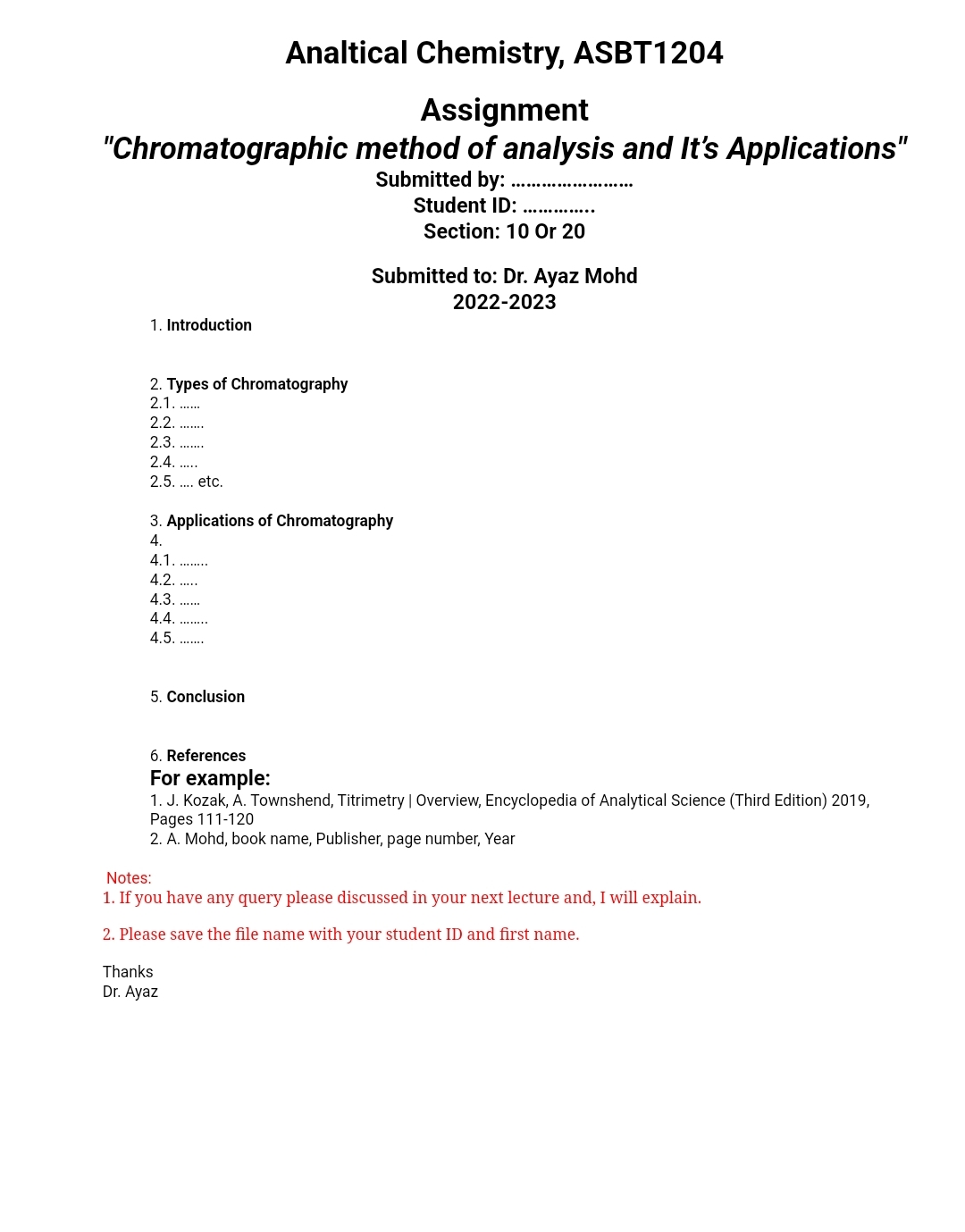 Analtical Chemistry, ASBT 1 2 0 4 Assignment