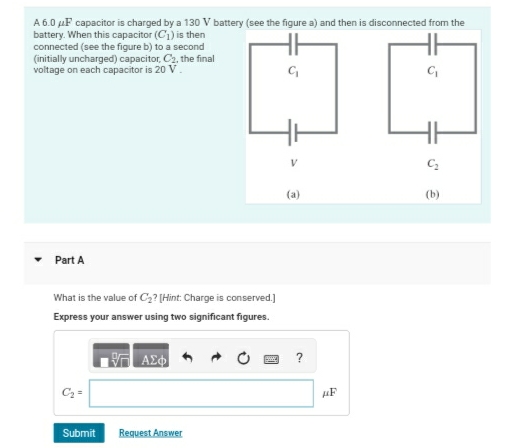 A 6 . 0 F capacitor is charged by a 1 3 0 V