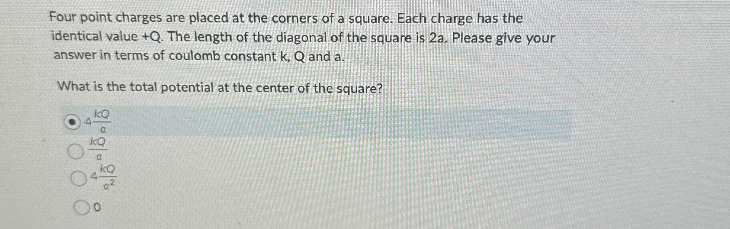 Four point charges are placed at the corners of a