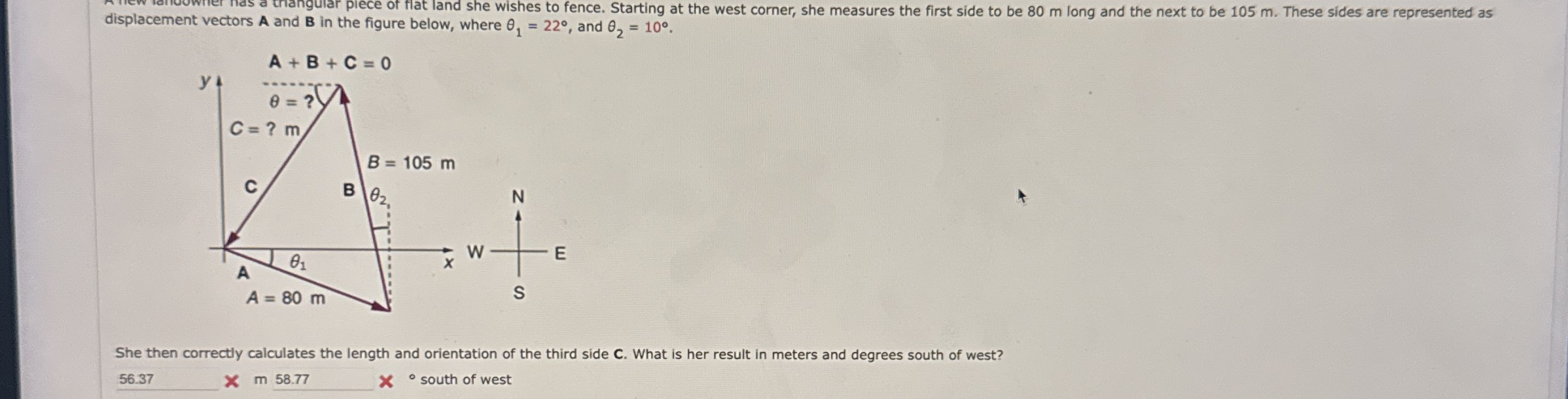 displacement vectors A and B in the figure below,