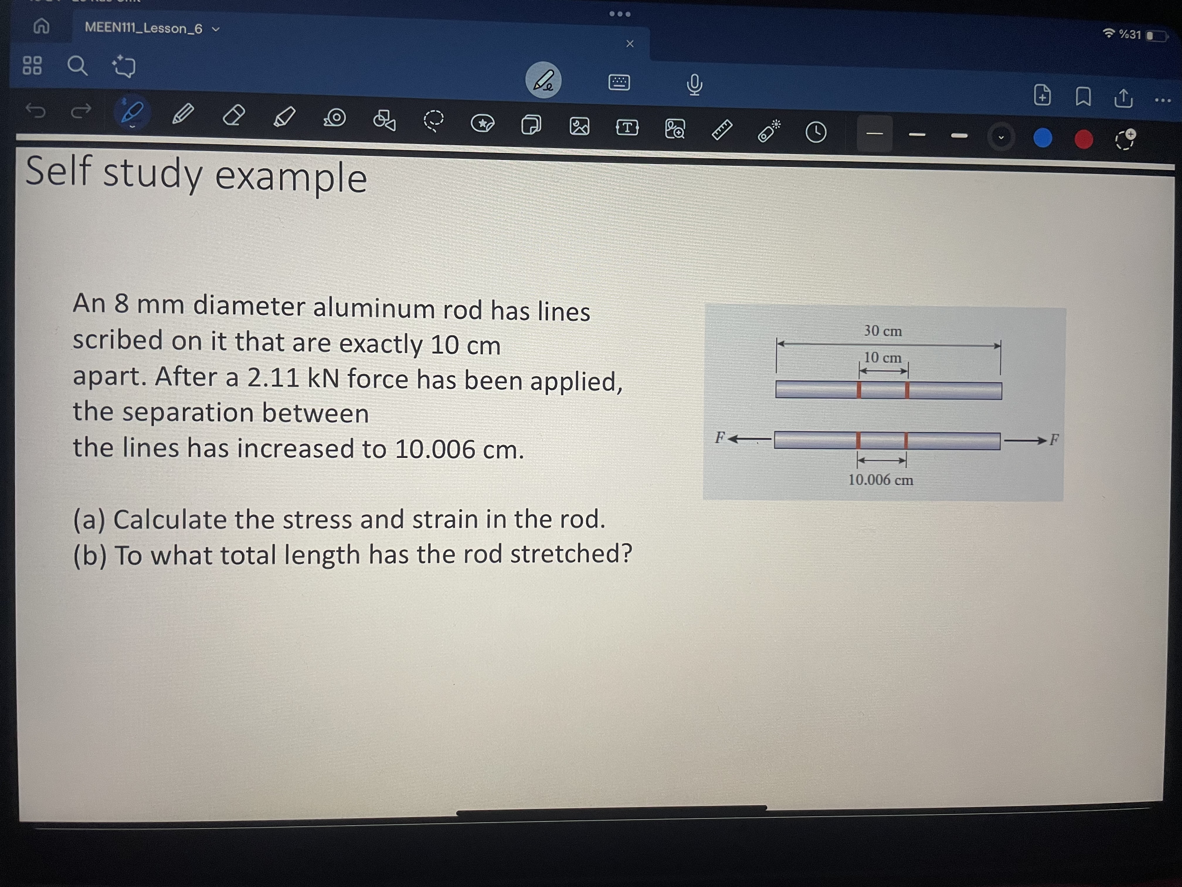 An 8 mm diameter aluminum rod has lines scribed