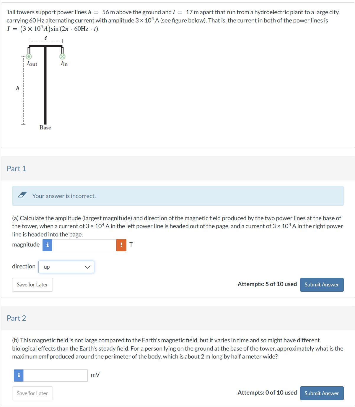 Tall towers support power lines \ ( h = 5 6 \