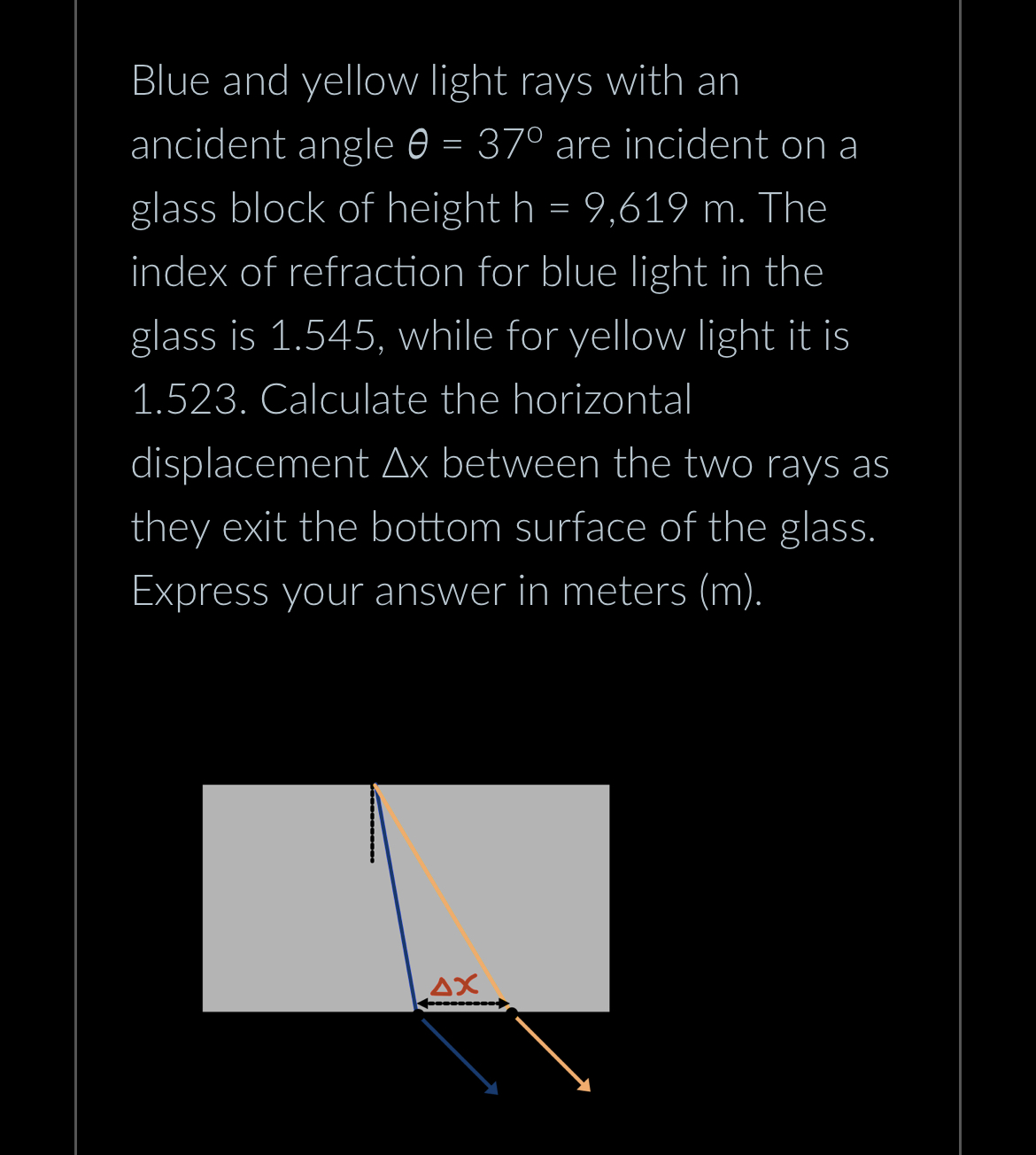 Blue and yellow light rays with an ancident angle