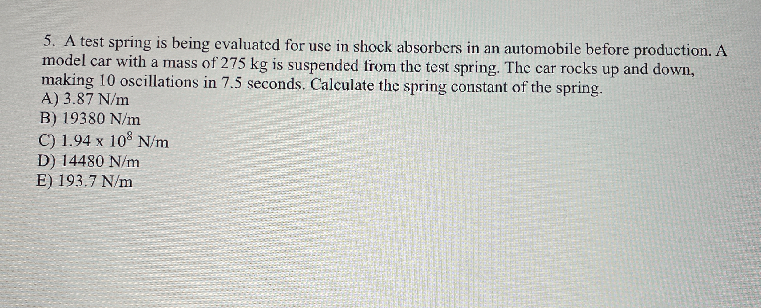 A test spring is being evaluated for use in shock