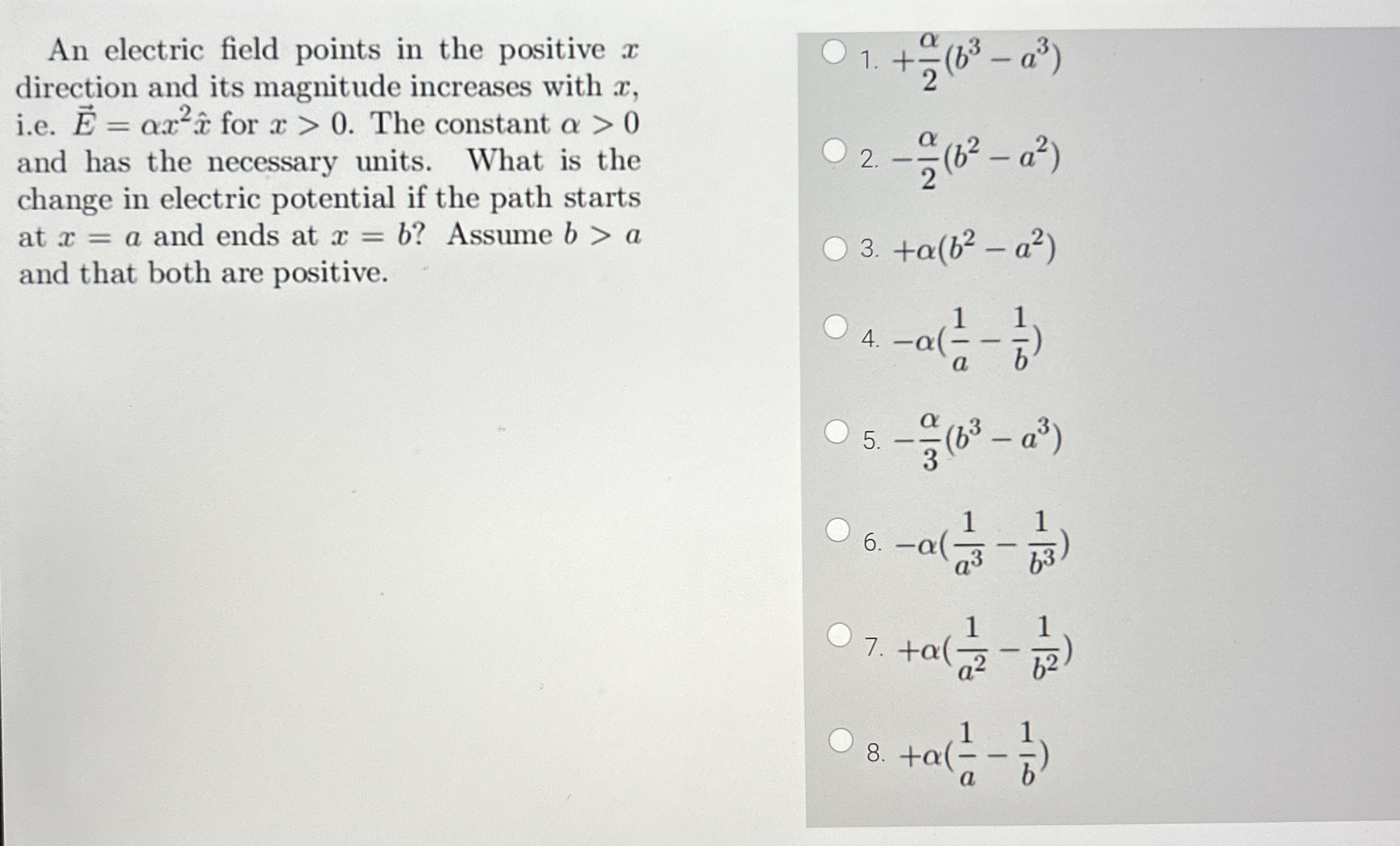 An electric field points in the positive x