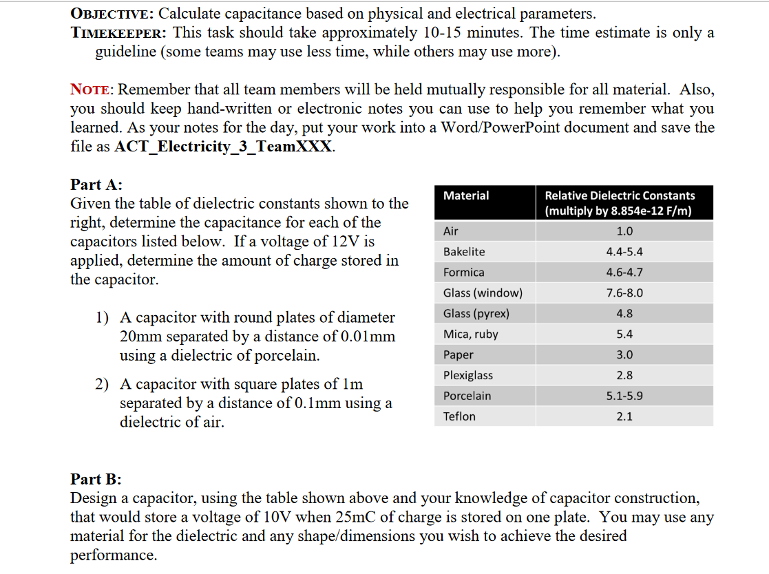 O JECTIVE: Calculate capacitance based on