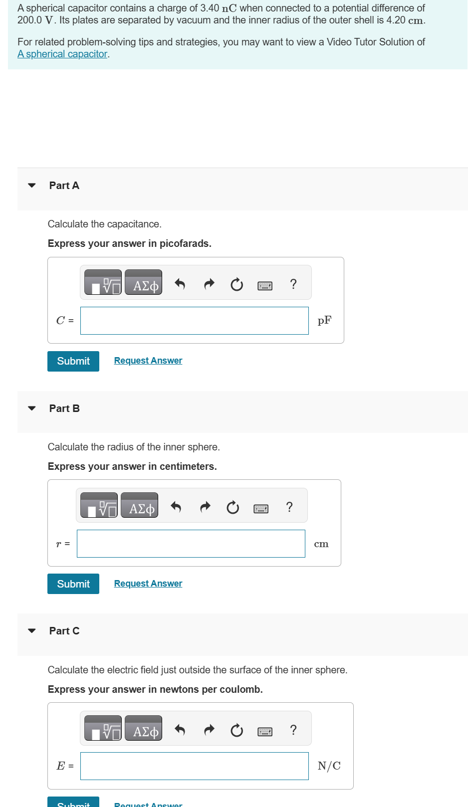 A spherical capacitor contains a charge of 3 . 4