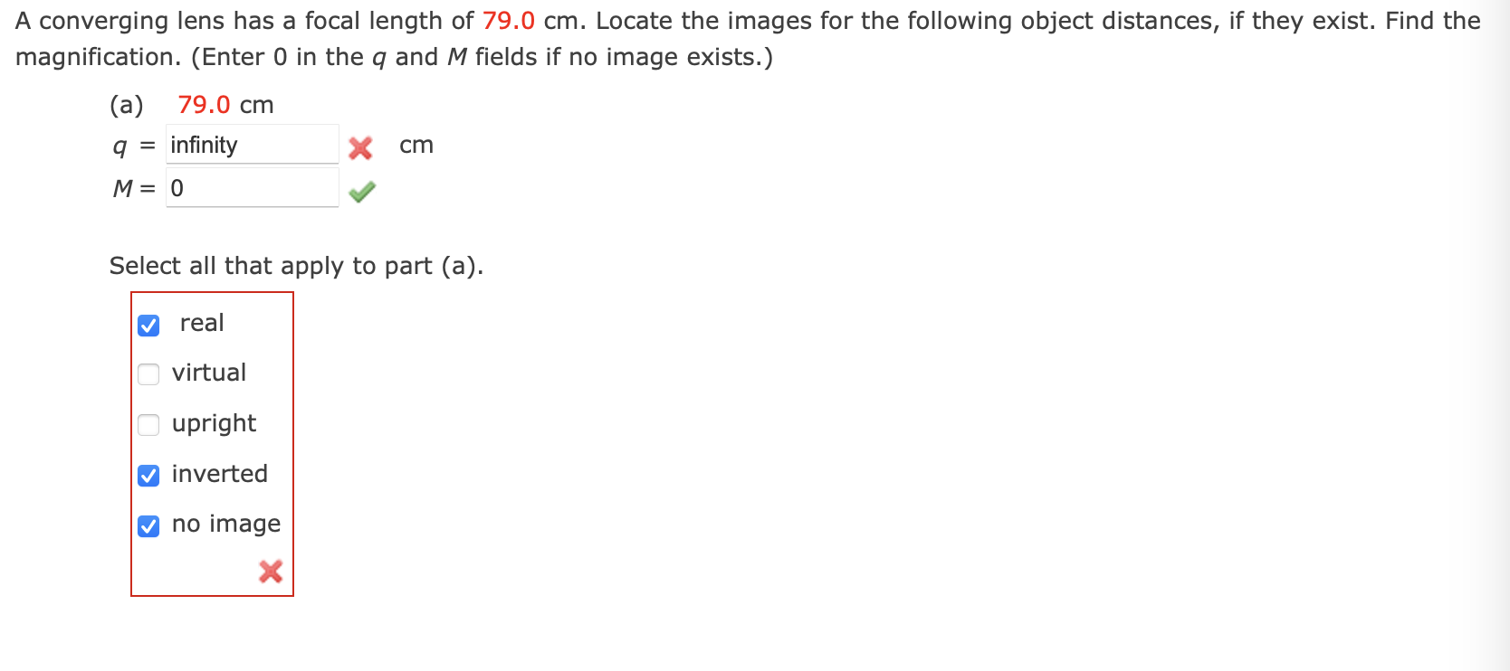 A converging lens has a focal length of 7 9 . 0