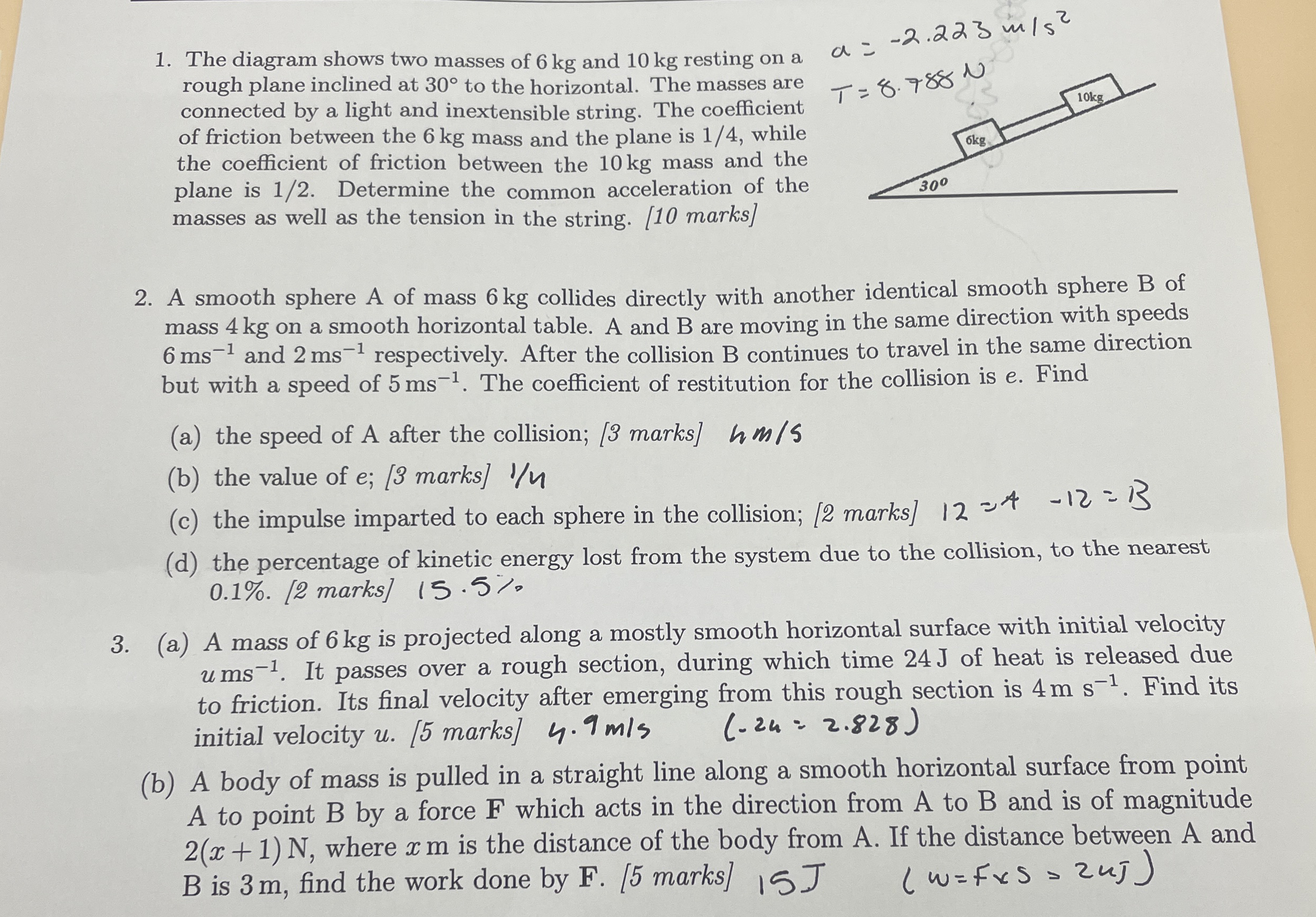 The diagram shows two masses of 6 kg and 1 0 kg