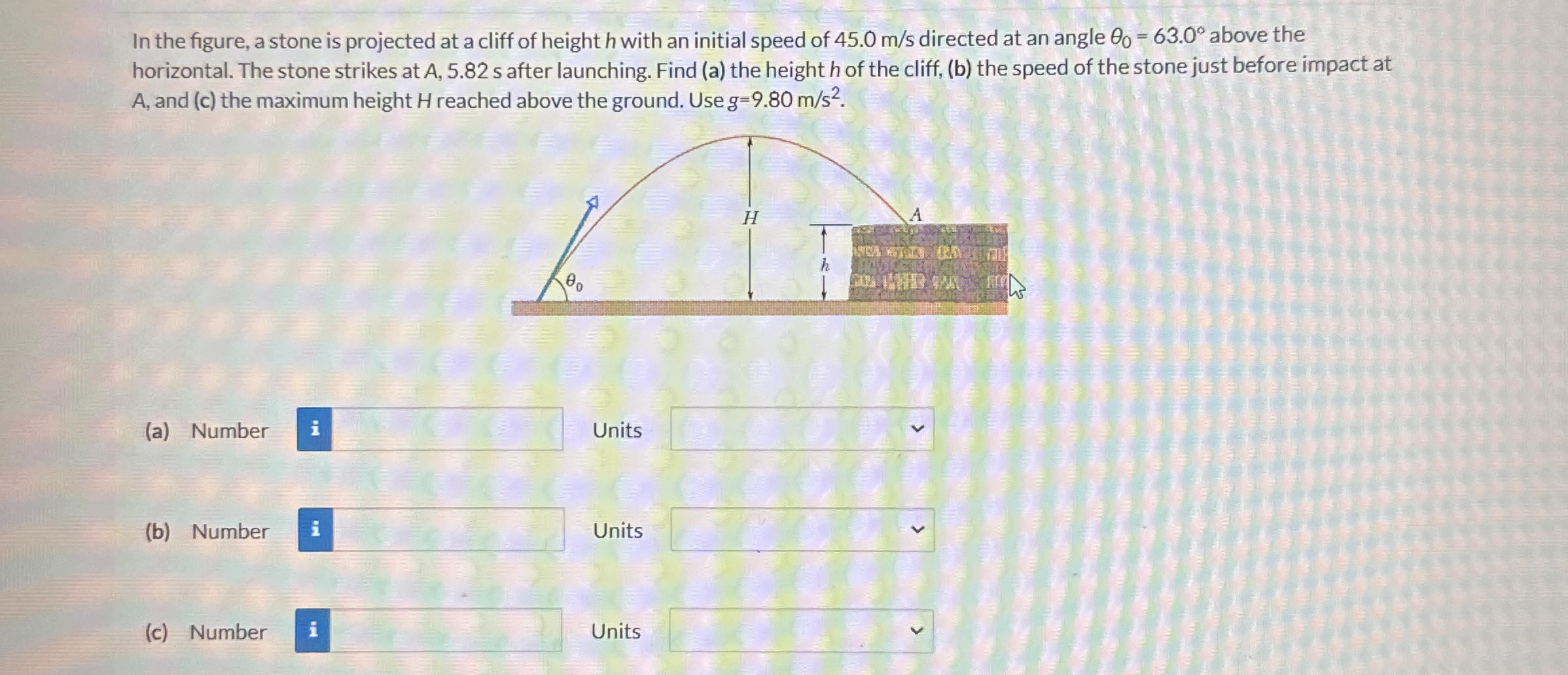 In the figure, a stone is projected at a cliff of