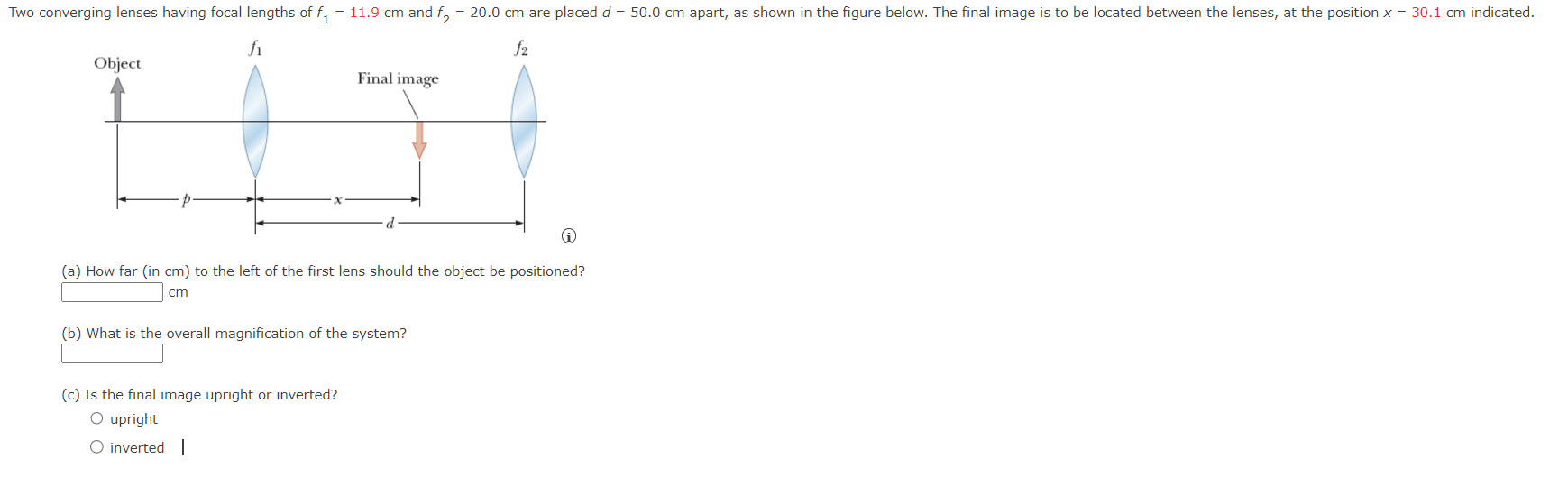 Two converging lenses having focal lengths of f 1
