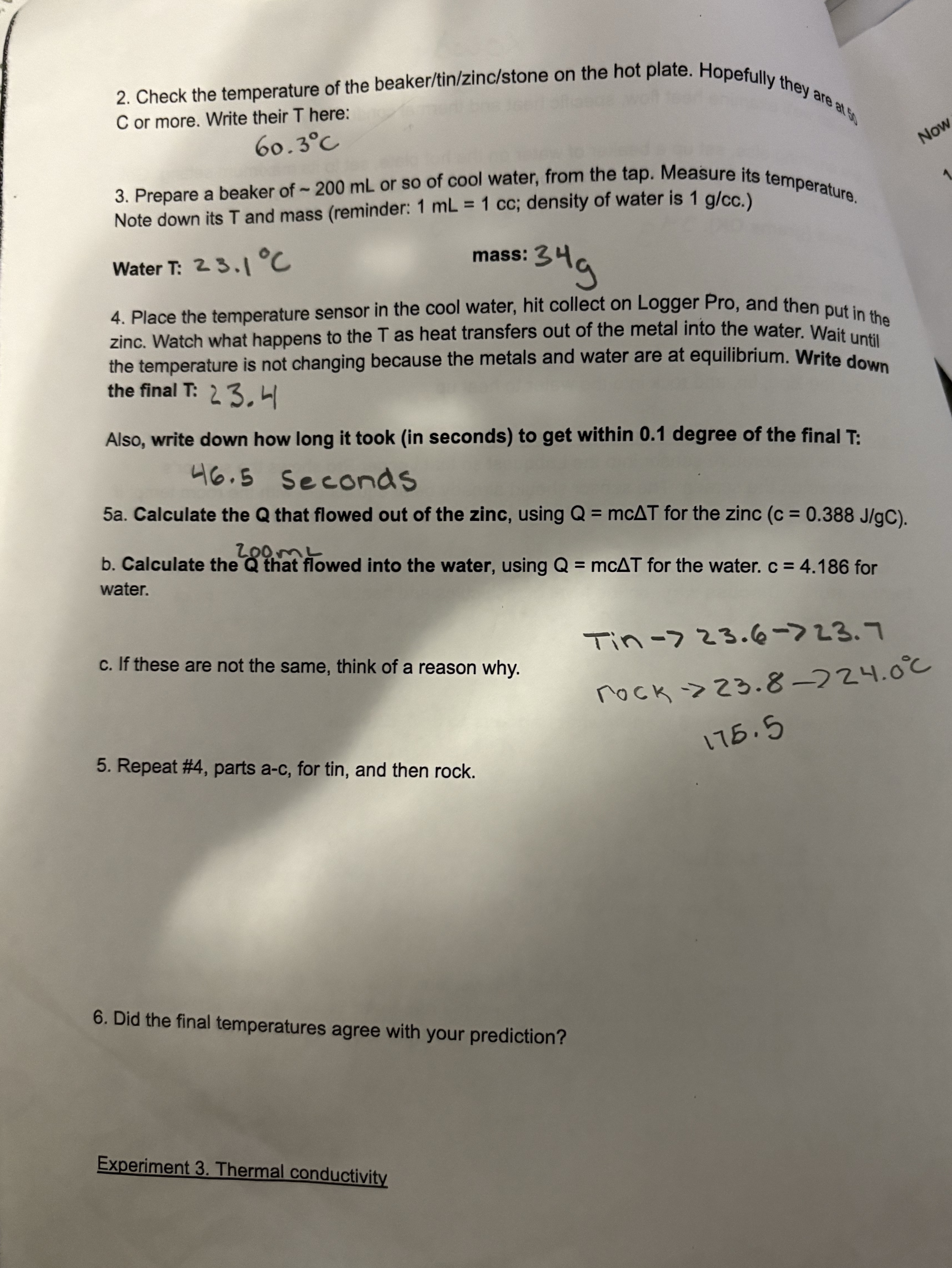 Check the temperature of the beaker / tin / zinc