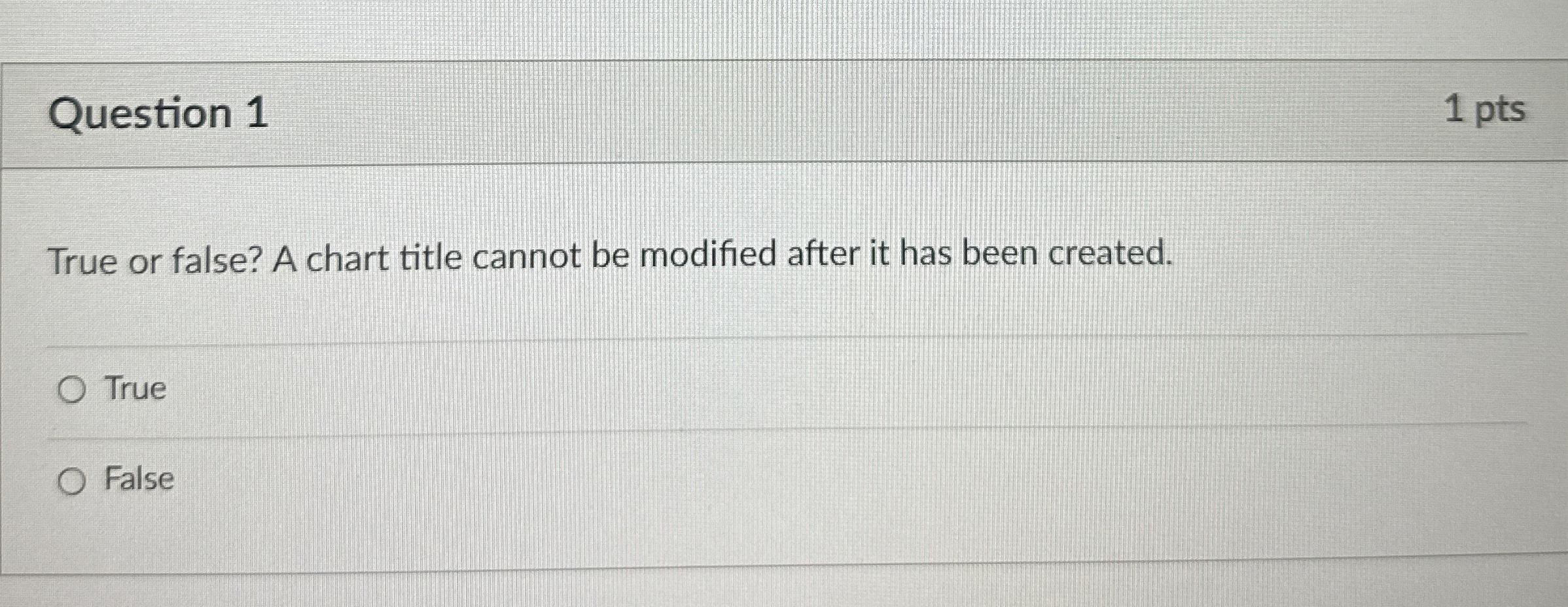 Question 1 1 pts True or false? A chart title