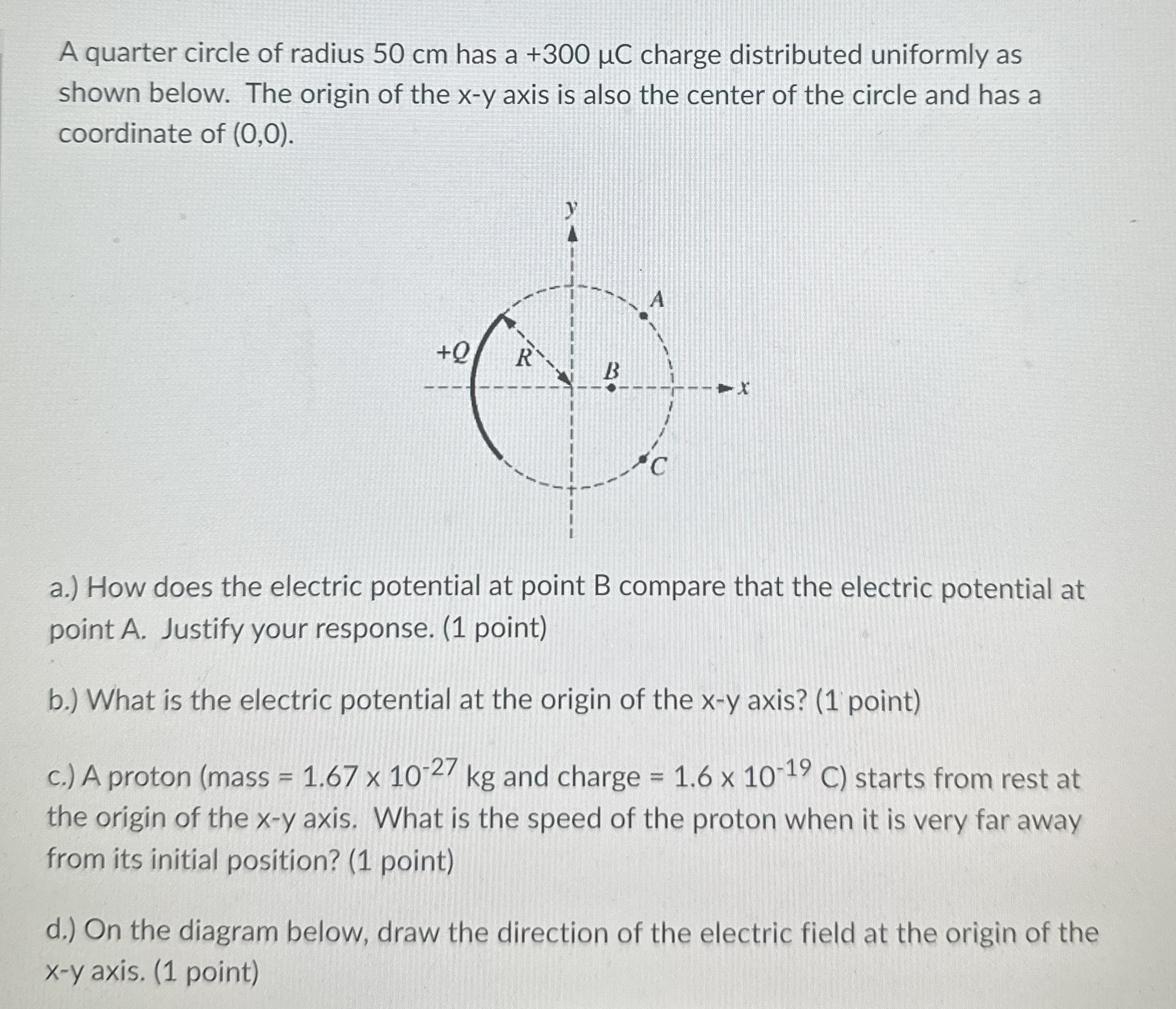 A quarter circle of radius 5 0 cm has a + 3 0 0 C