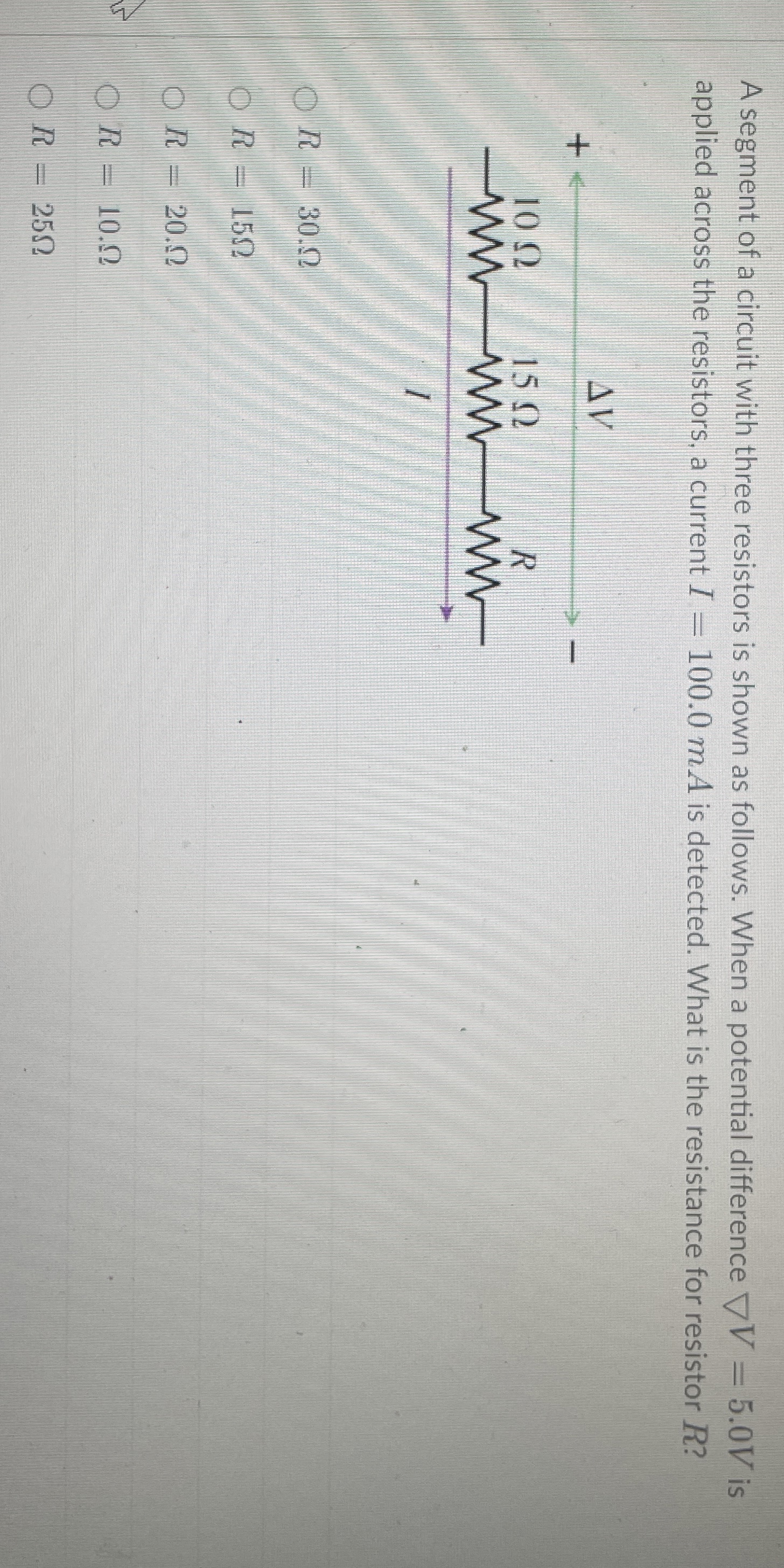 A segment of a circuit with three resistors is