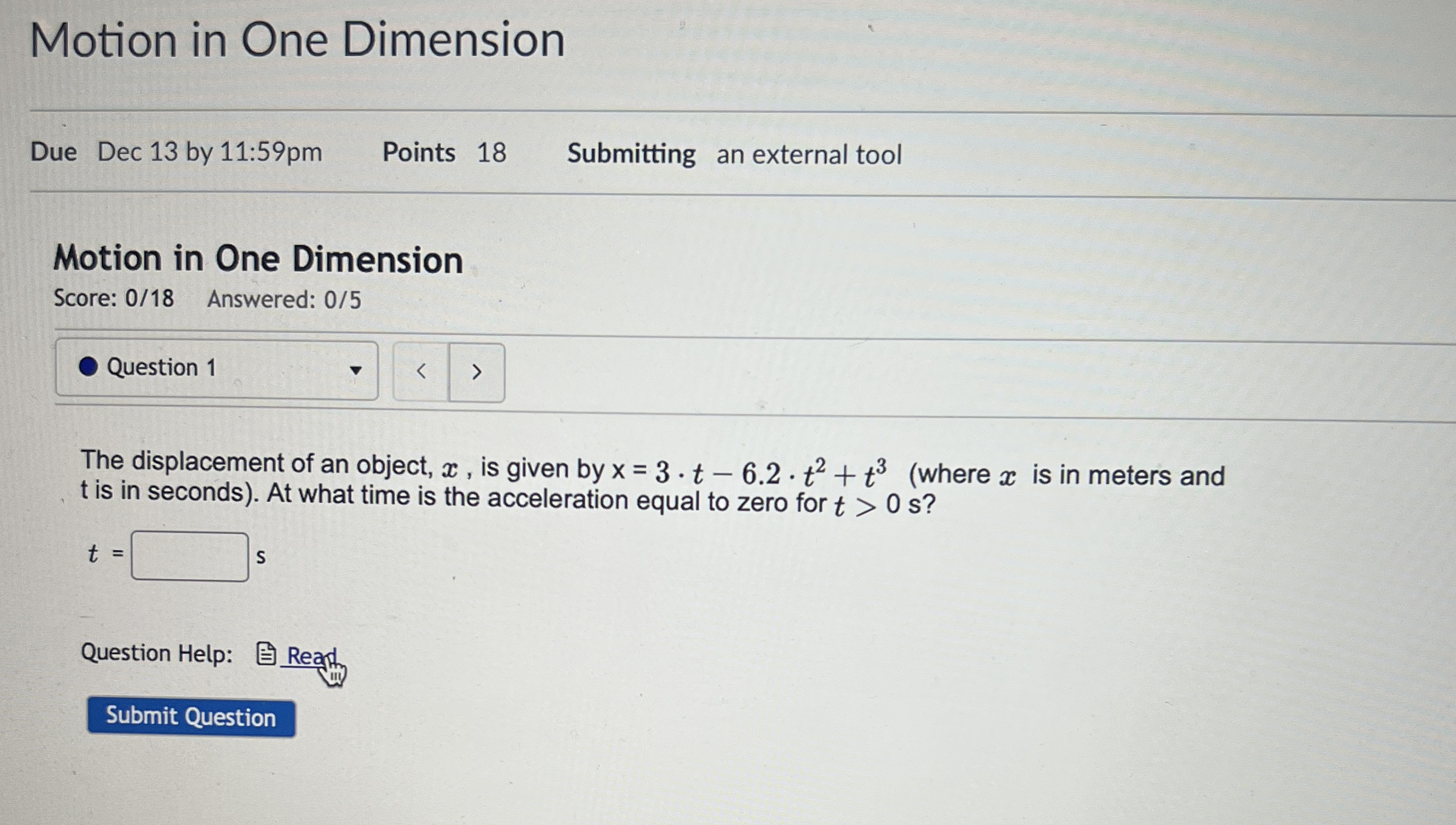 Motion in One Dimension Due Dec 1 3 by 1 1 : 5 9